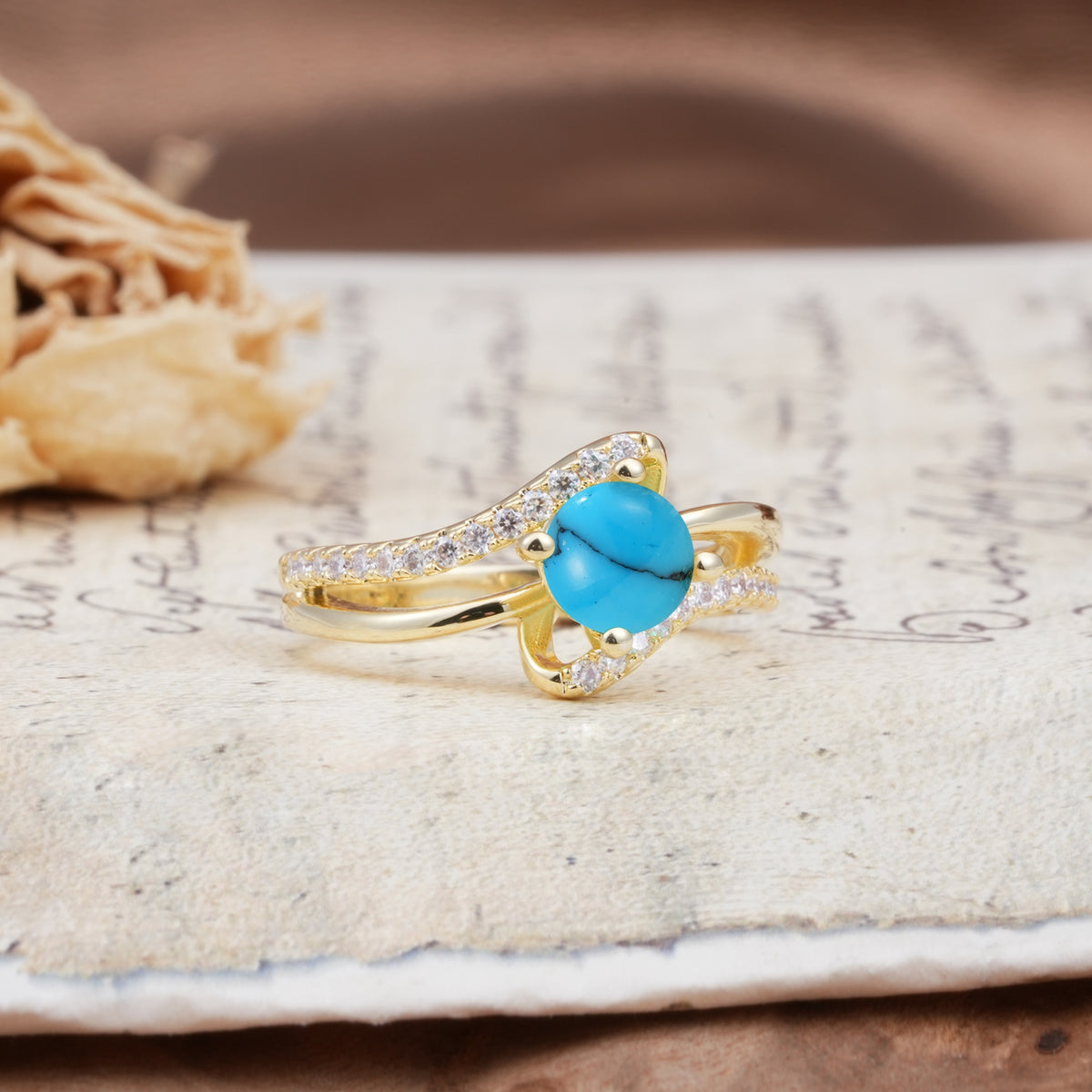 Uniquely Elegant, Twisting 4-Prong Round Cut Turquoise Engagement Ring - Additional view