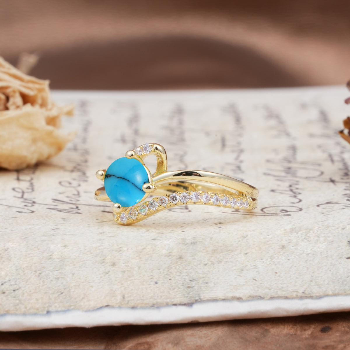 Uniquely Elegant, Twisting 4-Prong Round Cut Turquoise Engagement Ring - Additional view