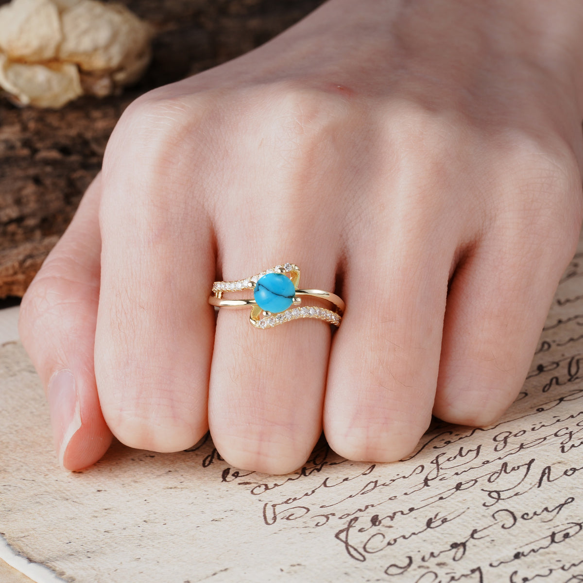 Uniquely Elegant, Twisting 4-Prong Round Cut Turquoise Engagement Ring - Additional view