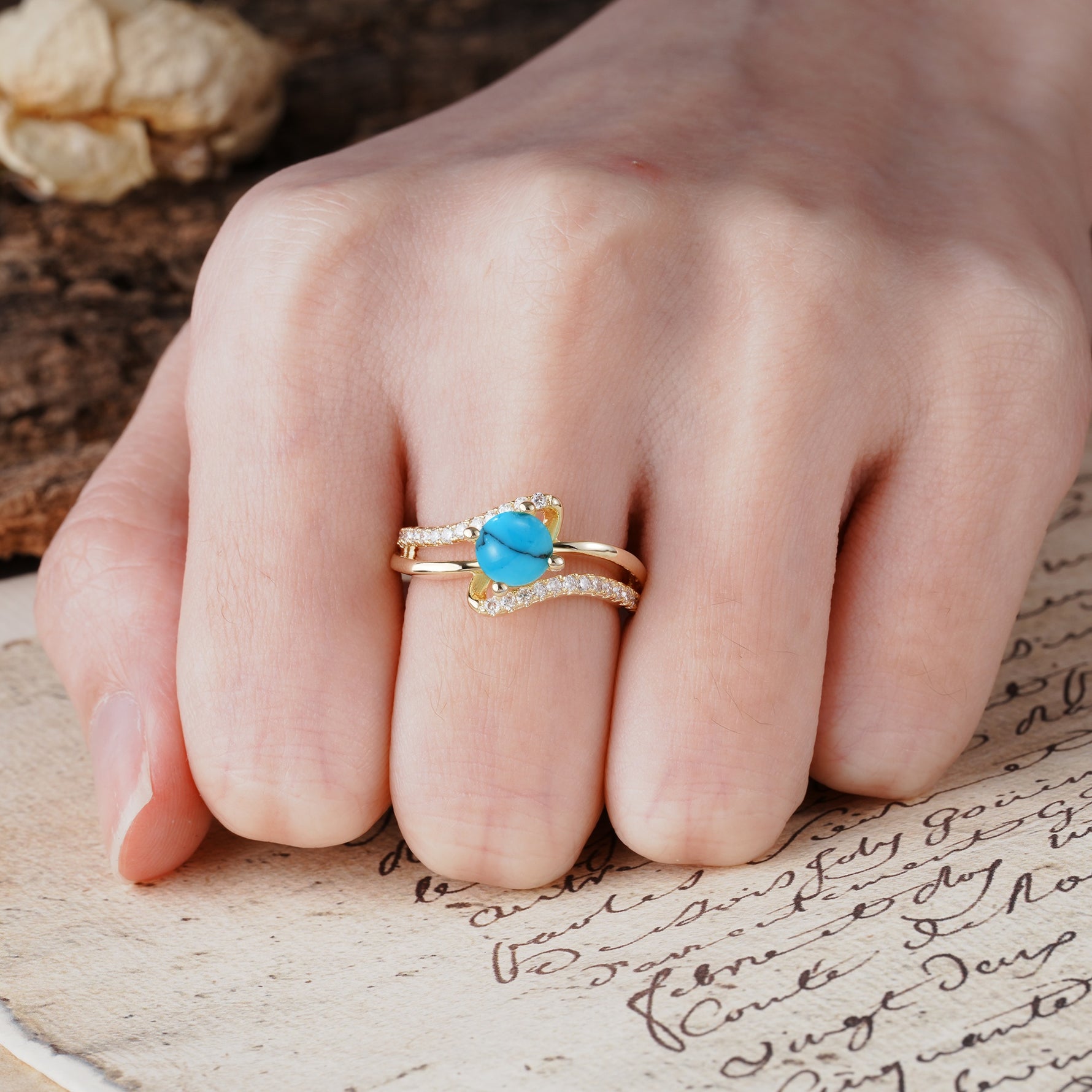 Uniquely Elegant, Twisting 4-Prong Round Cut Turquoise Engagement Ring - Additional view