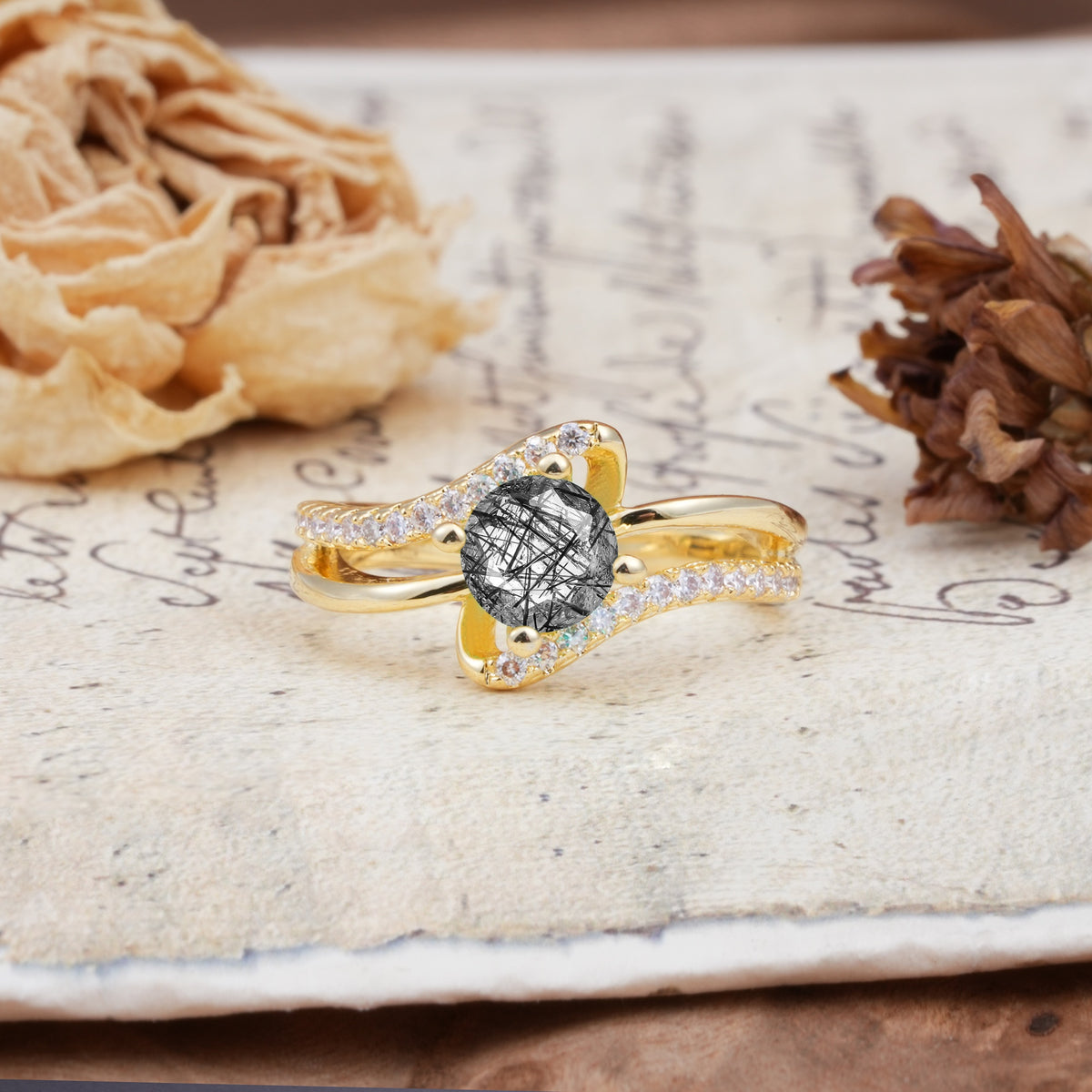 Uniquely Elegant, Twisting 4-Prong Round Cut Black Rutilated Quartz Engagement Ring - Additional view