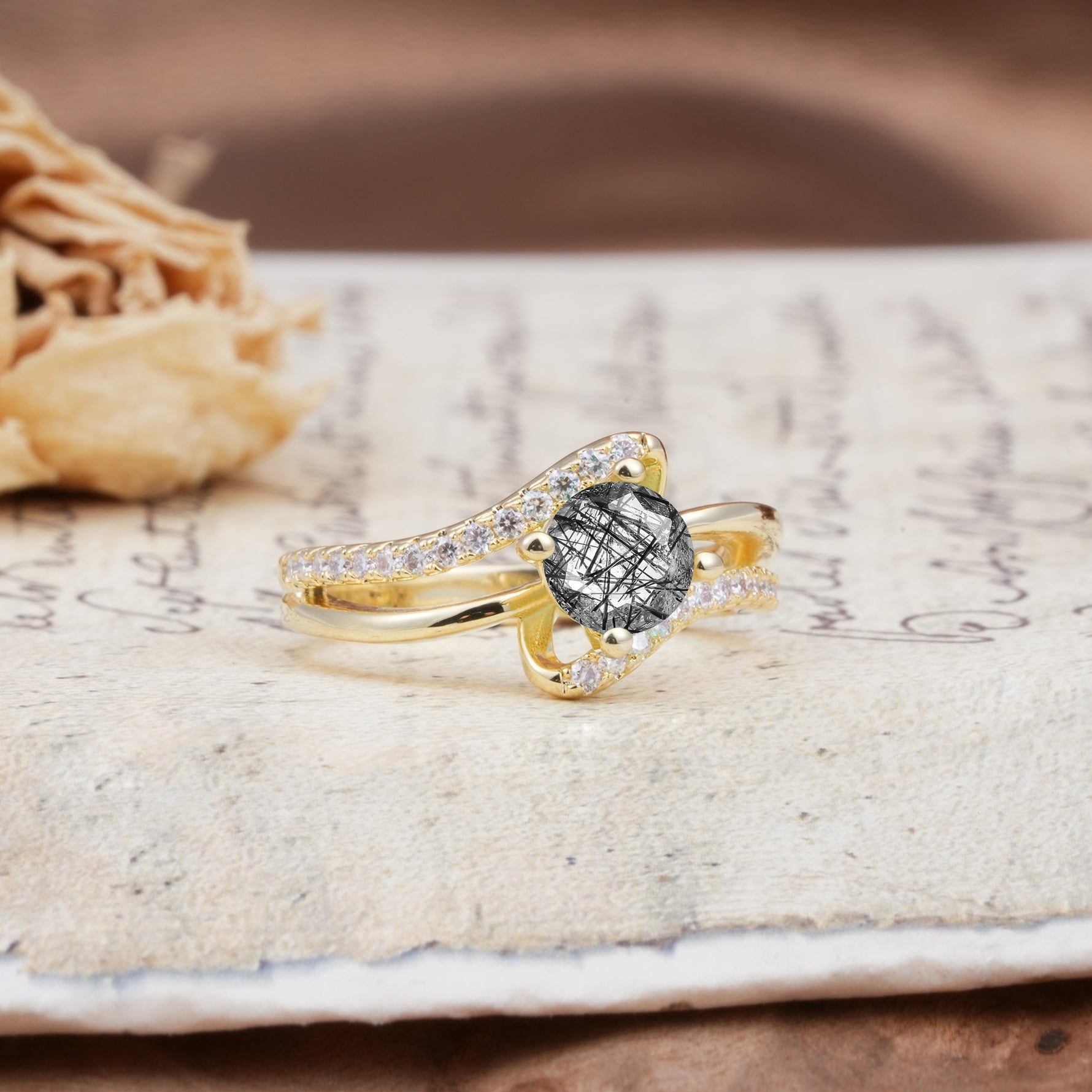 Uniquely Elegant, Twisting 4-Prong Round Cut Black Rutilated Quartz Engagement Ring - Additional view