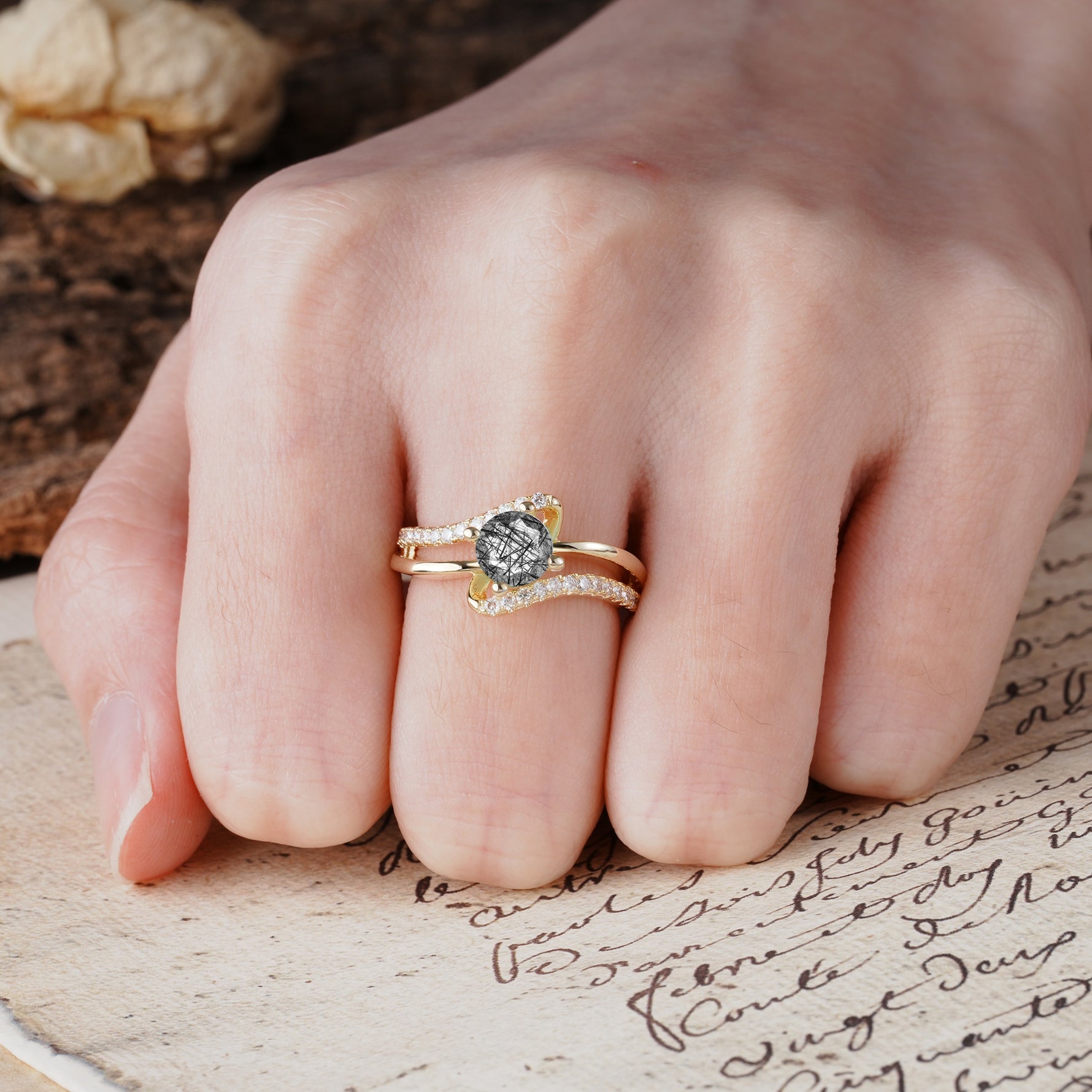 Uniquely Elegant, Twisting 4-Prong Round Cut Black Rutilated Quartz Engagement Ring - Additional view