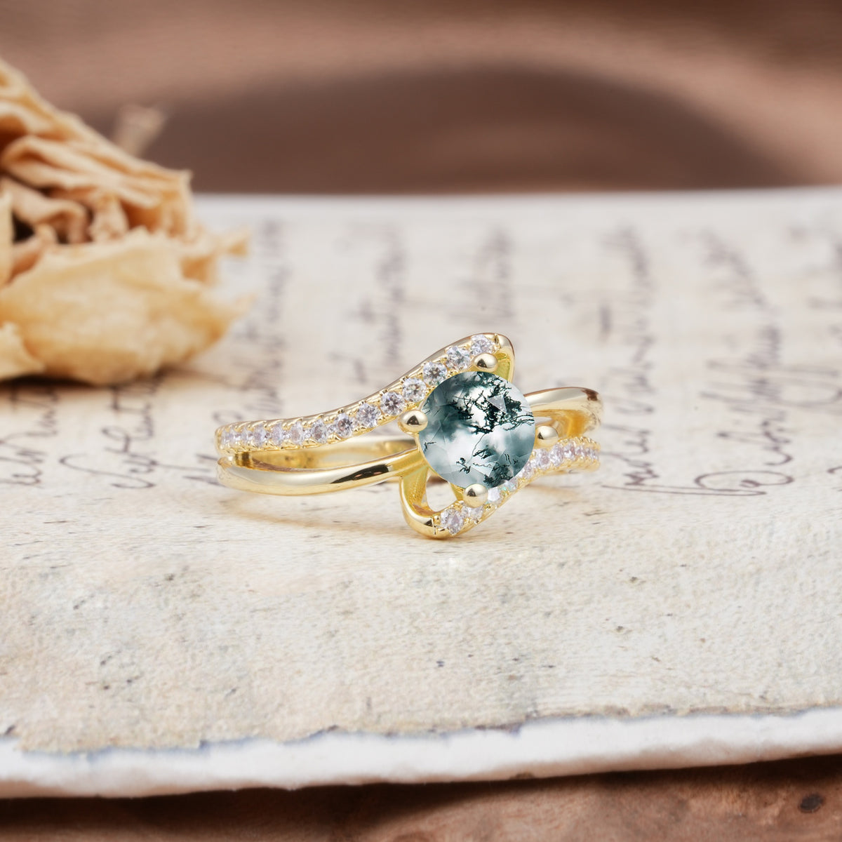 Uniquely Elegant, Twisting 4-Prong Round Cut Moss Agate Engagement Ring - Additional view