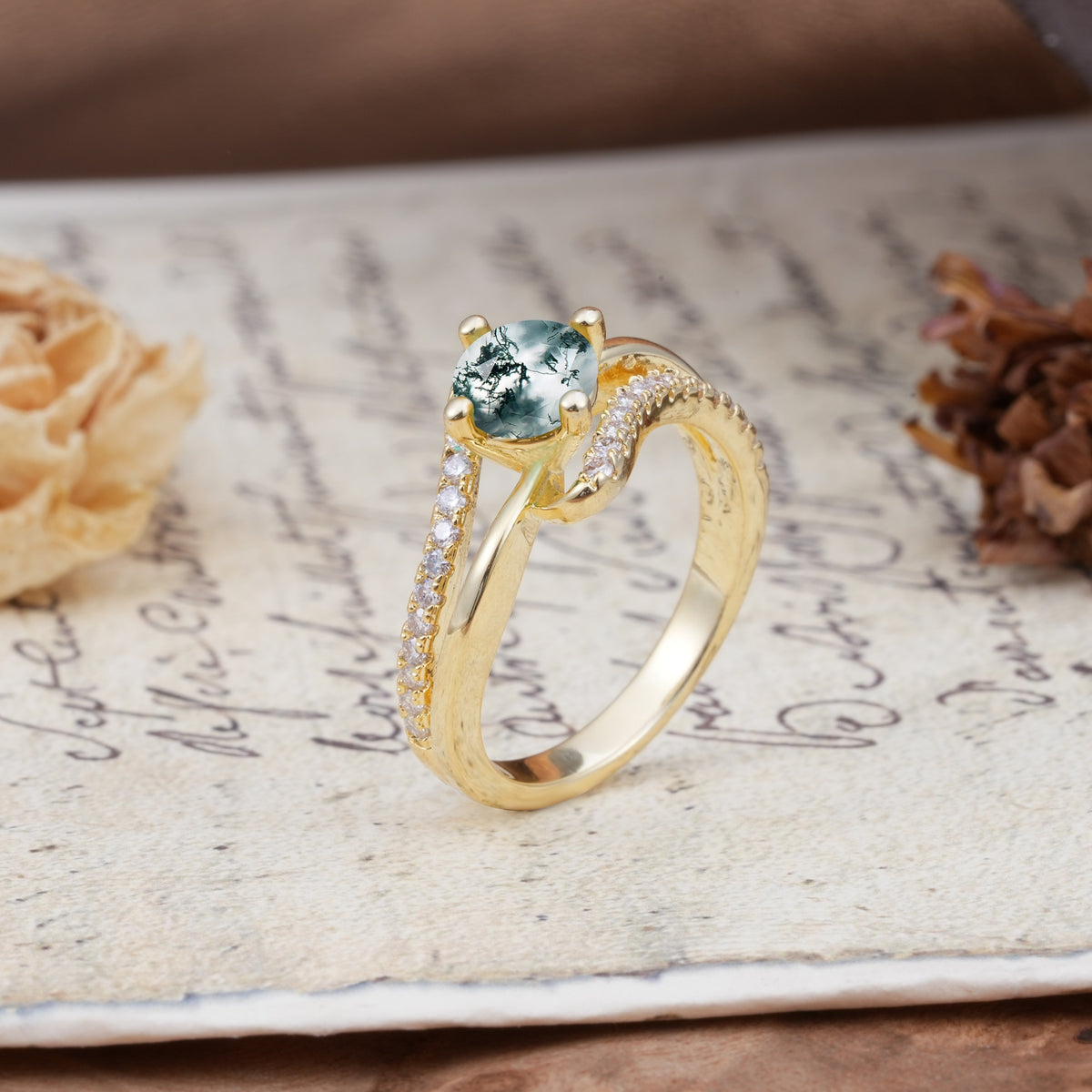 Uniquely Elegant, Twisting 4-Prong Round Cut Moss Agate Engagement Ring - Additional view