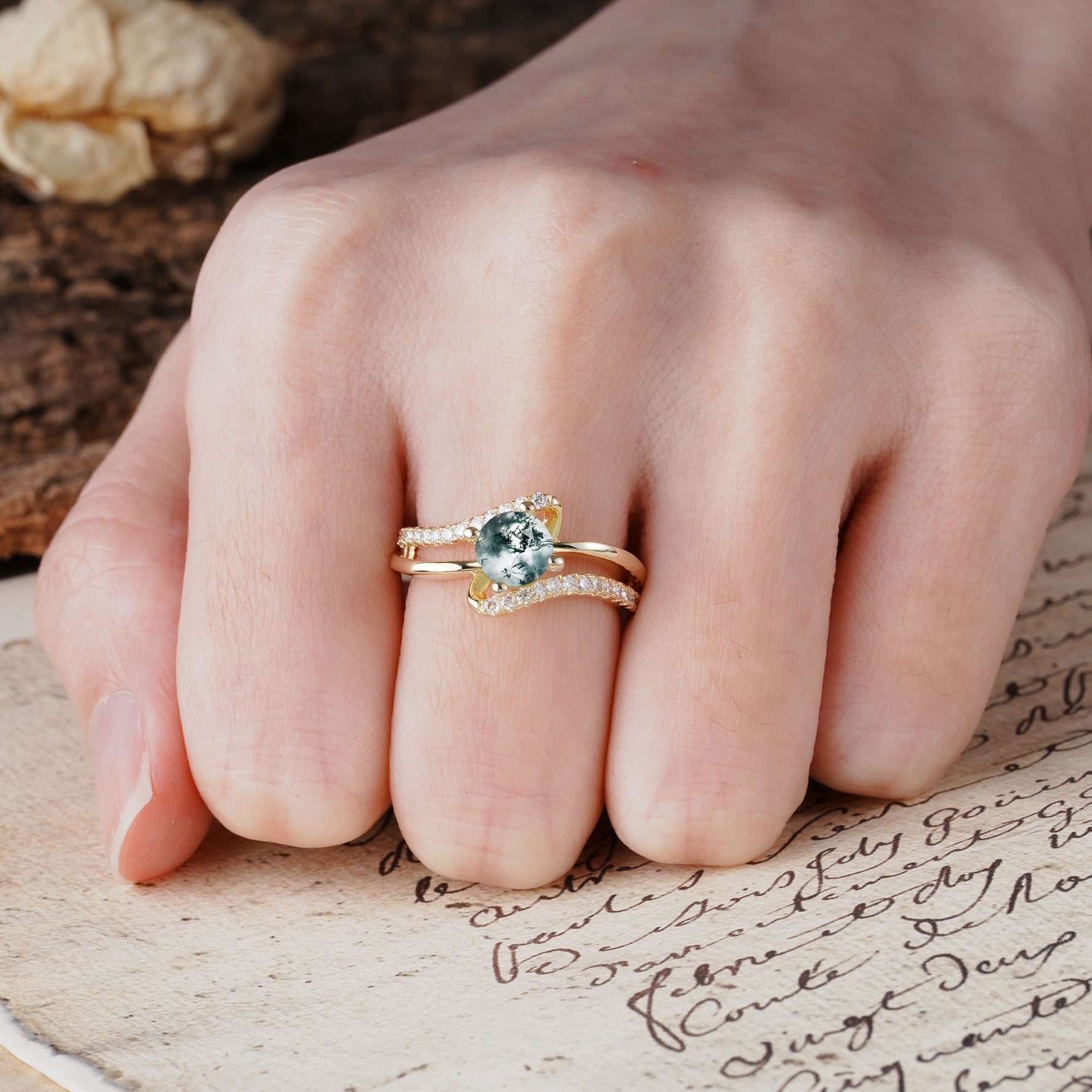 Uniquely Elegant, Twisting 4-Prong Round Cut Moss Agate Engagement Ring - Additional view