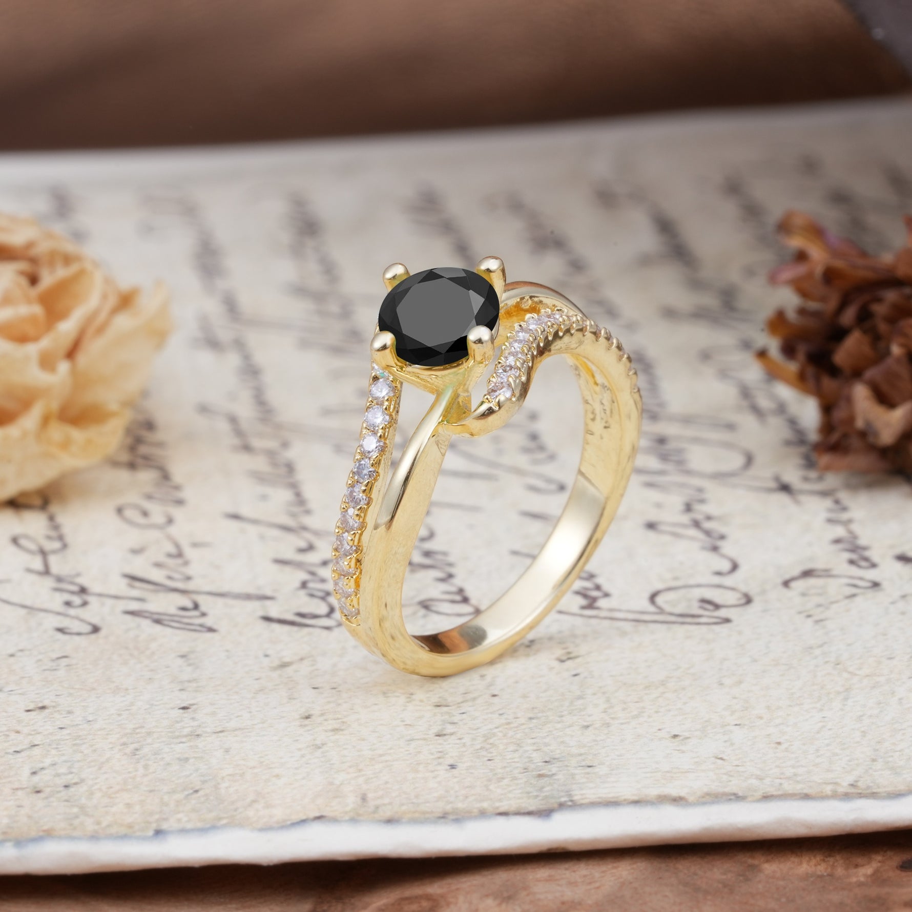 Uniquely Elegant, Twisting 4-Prong Round Cut Black Onyx Engagement Ring - Additional view