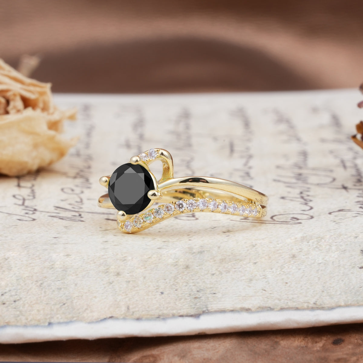 Uniquely Elegant, Twisting 4-Prong Round Cut Black Onyx Engagement Ring - Additional view