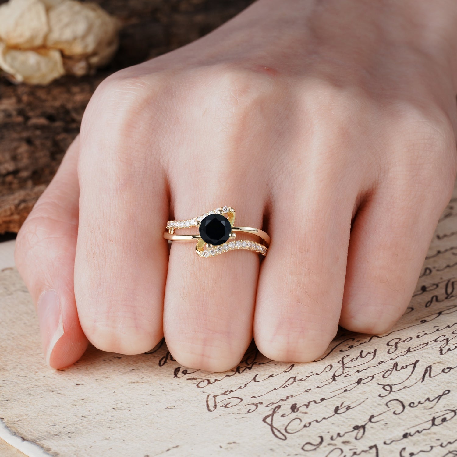 Uniquely Elegant, Twisting 4-Prong Round Cut Black Onyx Engagement Ring - Additional view