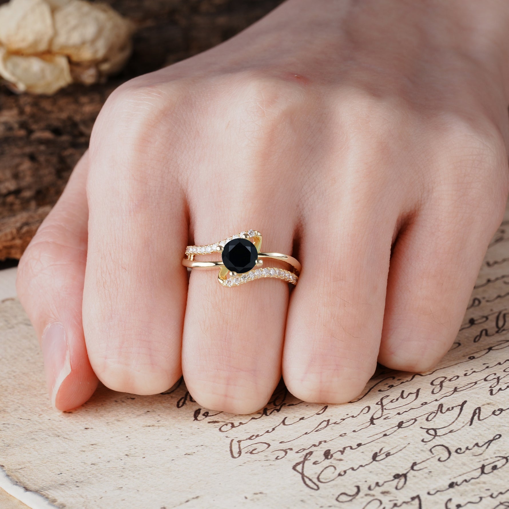 Uniquely Elegant, Twisting 4-Prong Round Cut Black Onyx Engagement Ring - Additional view