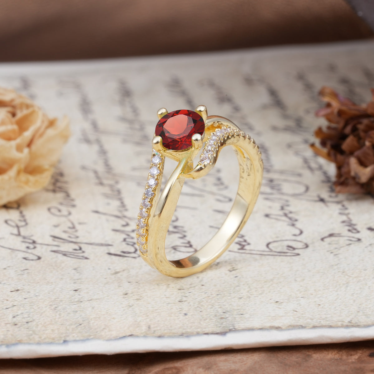 Uniquely Elegant, Twisting 4-Prong Round Cut Garnet Engagement Ring - Additional view