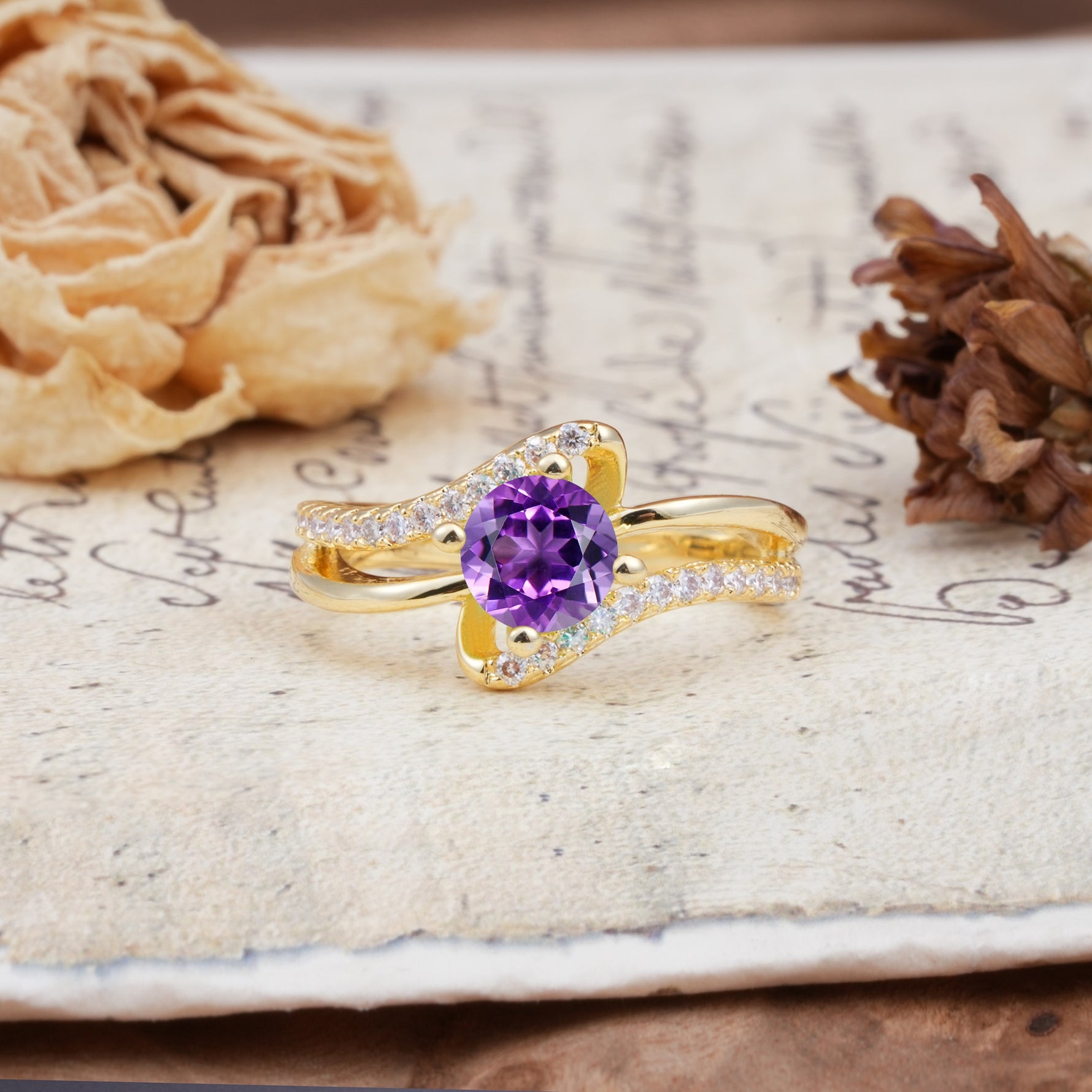 Uniquely Elegant, Twisting 4-Prong Round Cut Amethyst Engagement Ring - Additional view