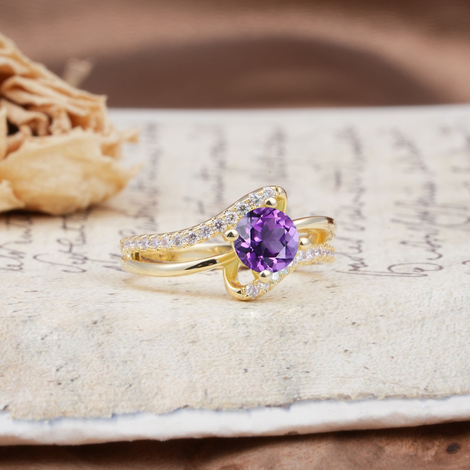 Uniquely Elegant, Twisting 4-Prong Round Cut Amethyst Engagement Ring - Additional view