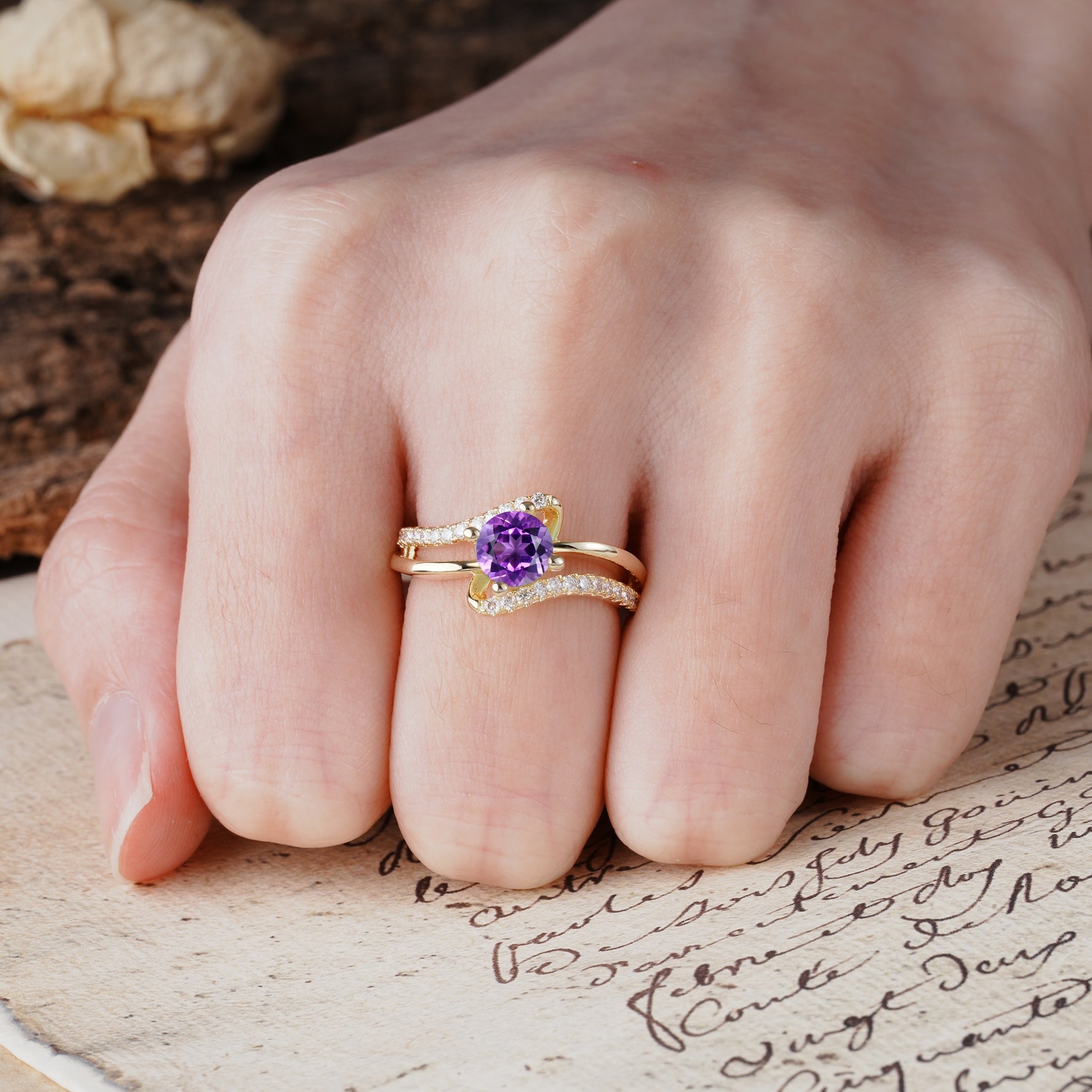 Uniquely Elegant, Twisting 4-Prong Round Cut Amethyst Engagement Ring - Additional view