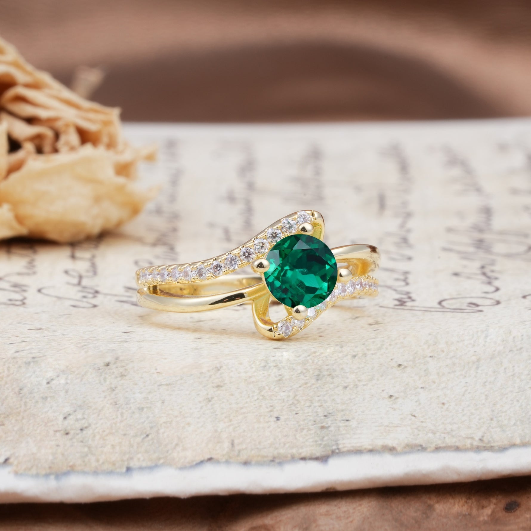 Uniquely Elegant, Twisting 4-Prong Round Cut Emerald Engagement Ring - Additional view