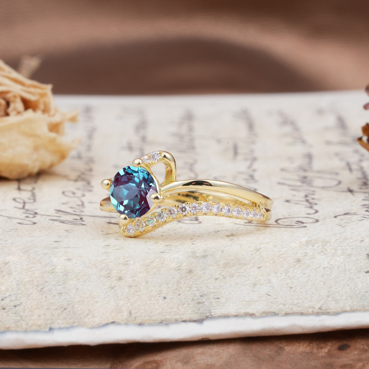 Uniquely Elegant, Twisting 4-Prong Round Cut Alexandrite Engagement Ring - Additional view