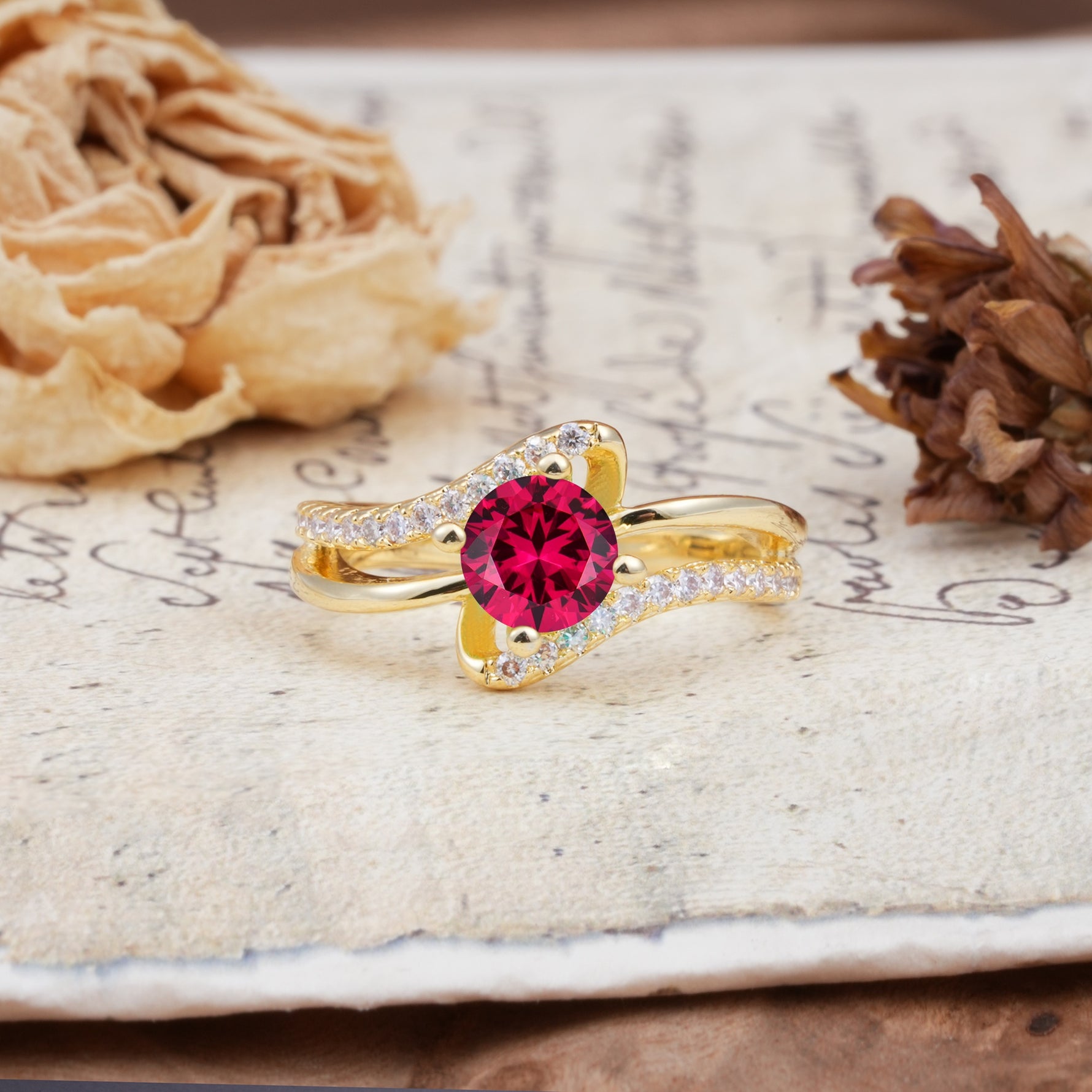 Uniquely Elegant, Twisting 4-Prong Round Cut Ruby Engagement Ring - Additional view
