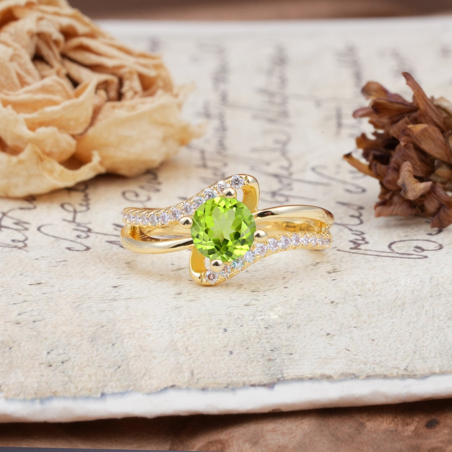 Uniquely Elegant, Twisting 4-Prong Round Cut Peridot Engagement Ring - Additional view