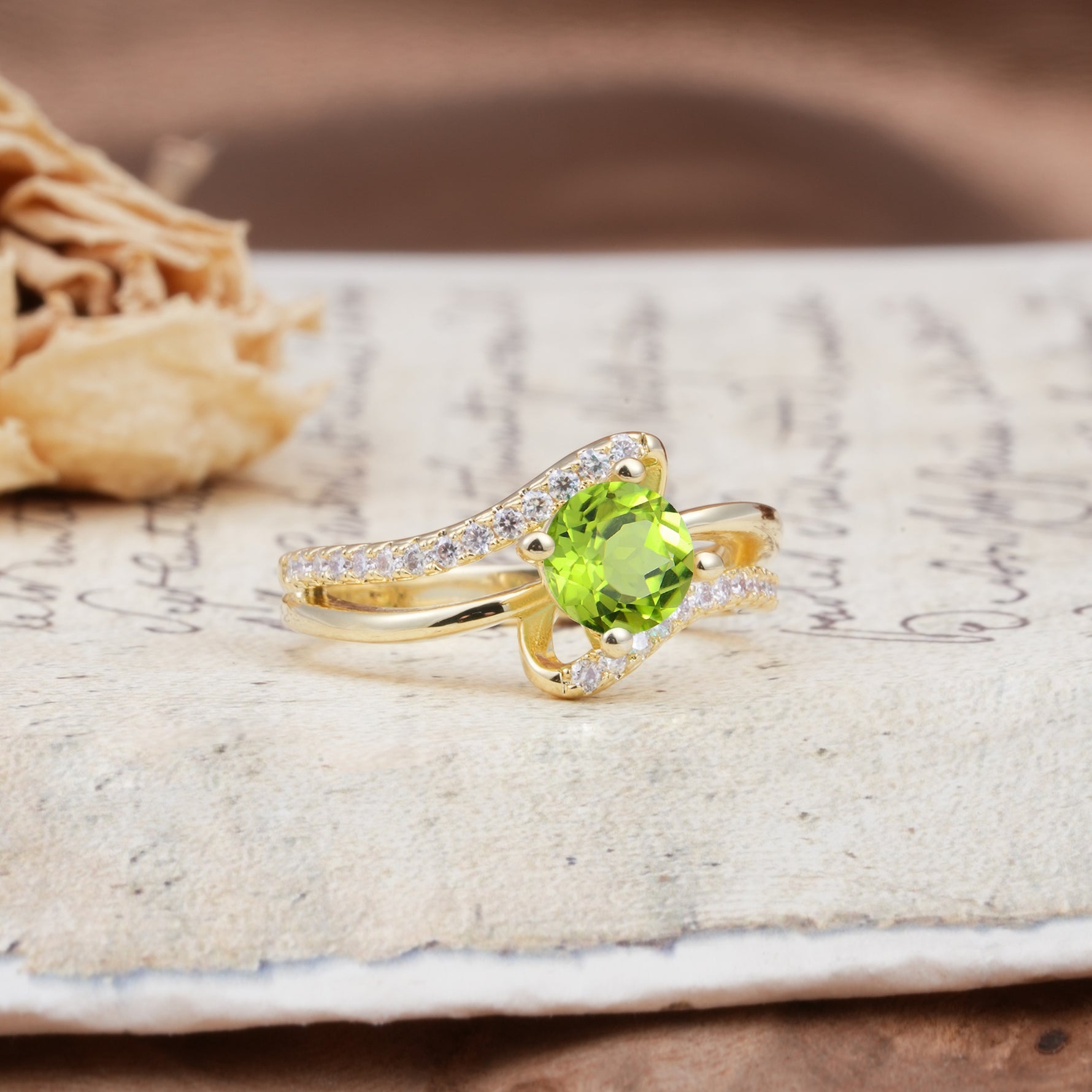 Uniquely Elegant, Twisting 4-Prong Round Cut Peridot Engagement Ring - Additional view