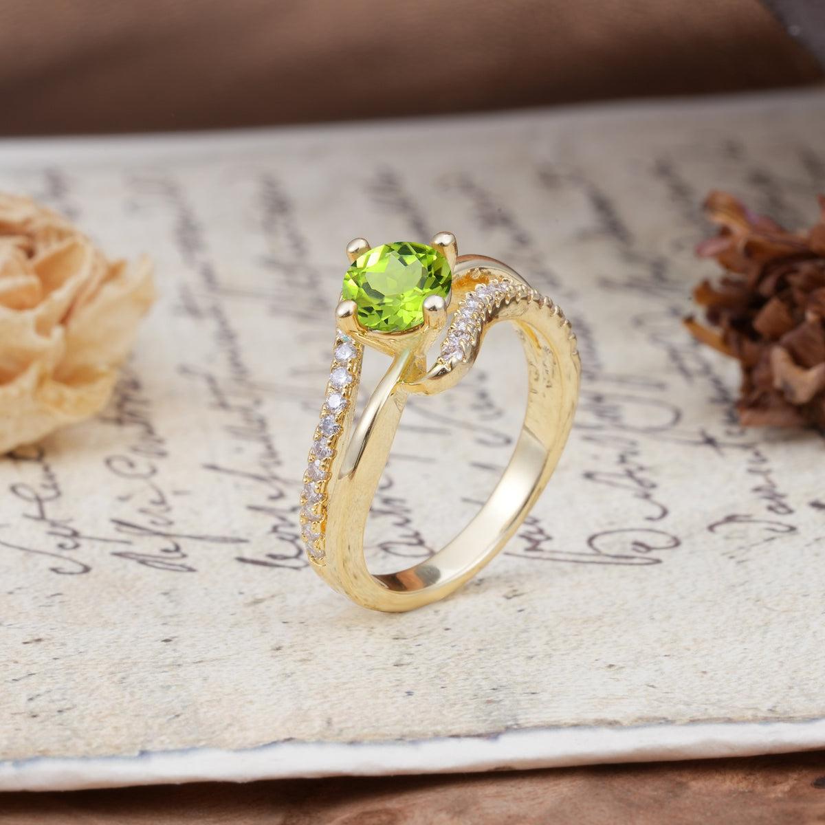 Uniquely Elegant, Twisting 4-Prong Round Cut Peridot Engagement Ring - Additional view