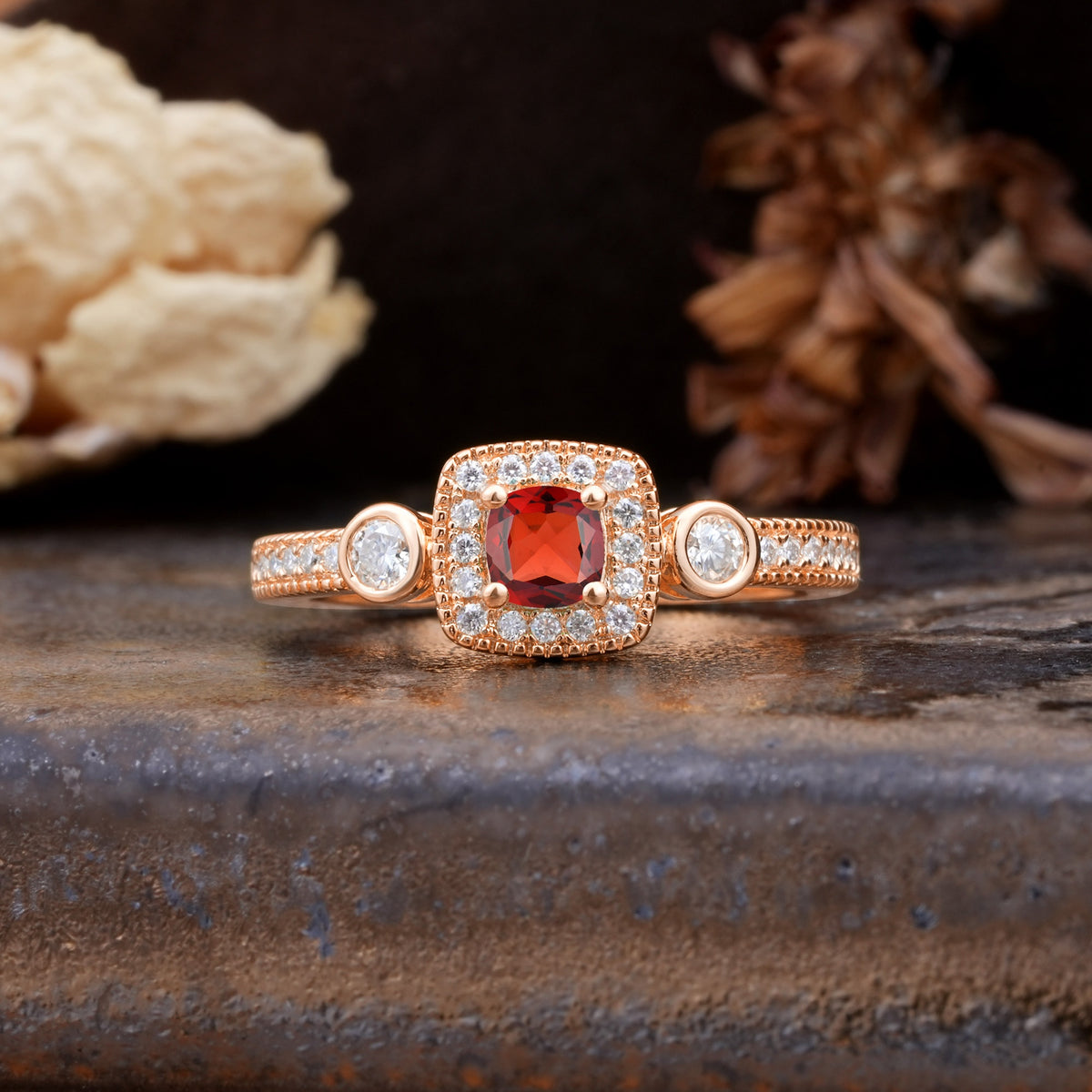 Classic Luxury Retro 4-Prong Princess Cut Garnet Three Stones Wedding Ring - Additional view