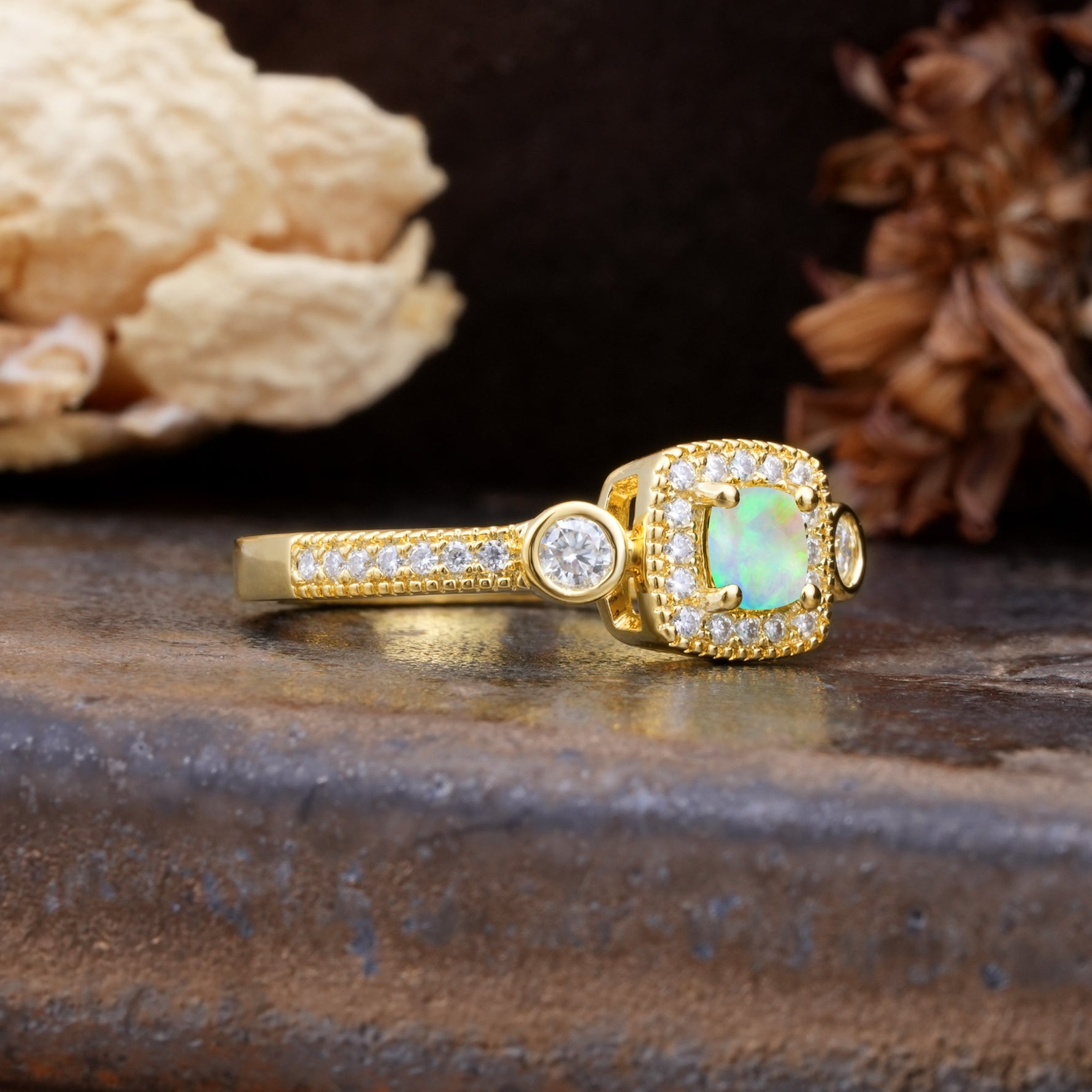 Classic Luxury Retro 4-Prong Princess Cut Fire Opal Three Stones Wedding Ring - Additional view