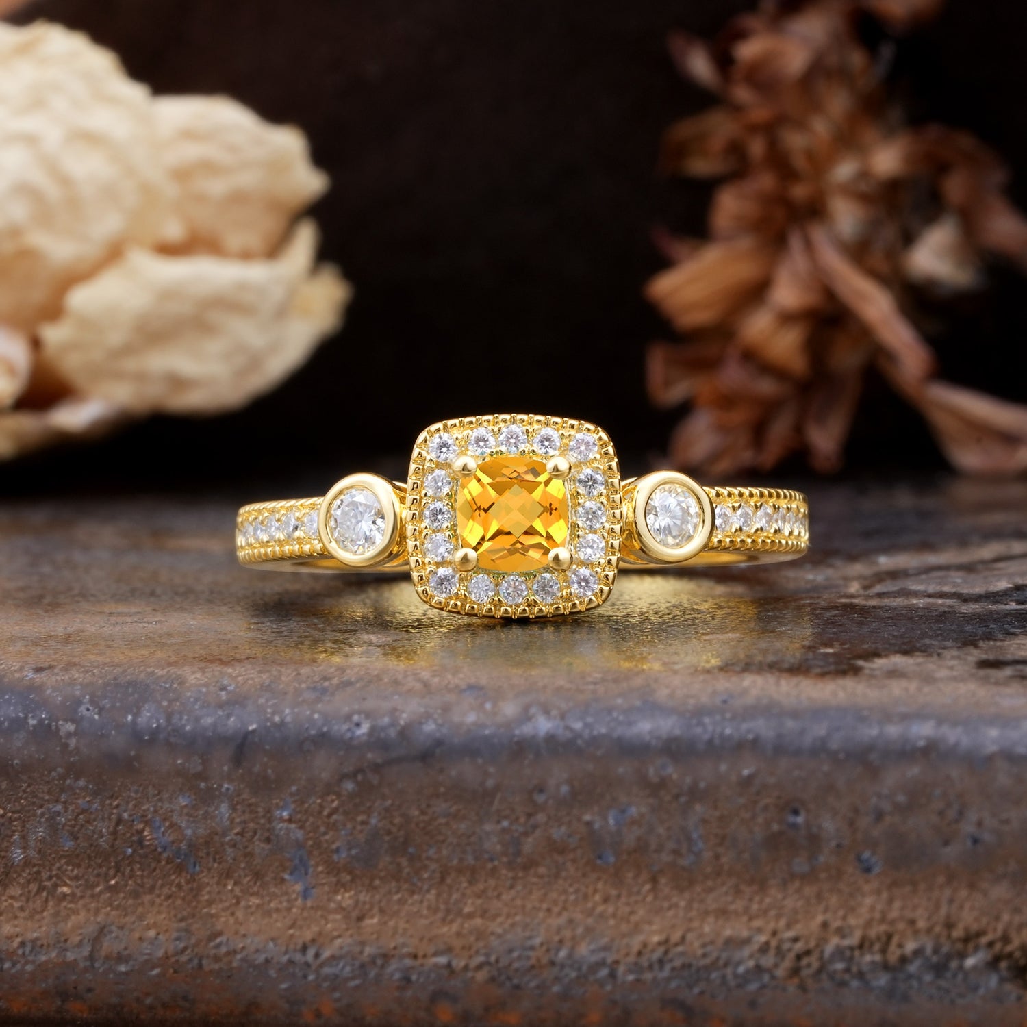 Classic Luxury Retro 4-Prong Princess Cut Citrine Three Stones Wedding Ring - Additional view
