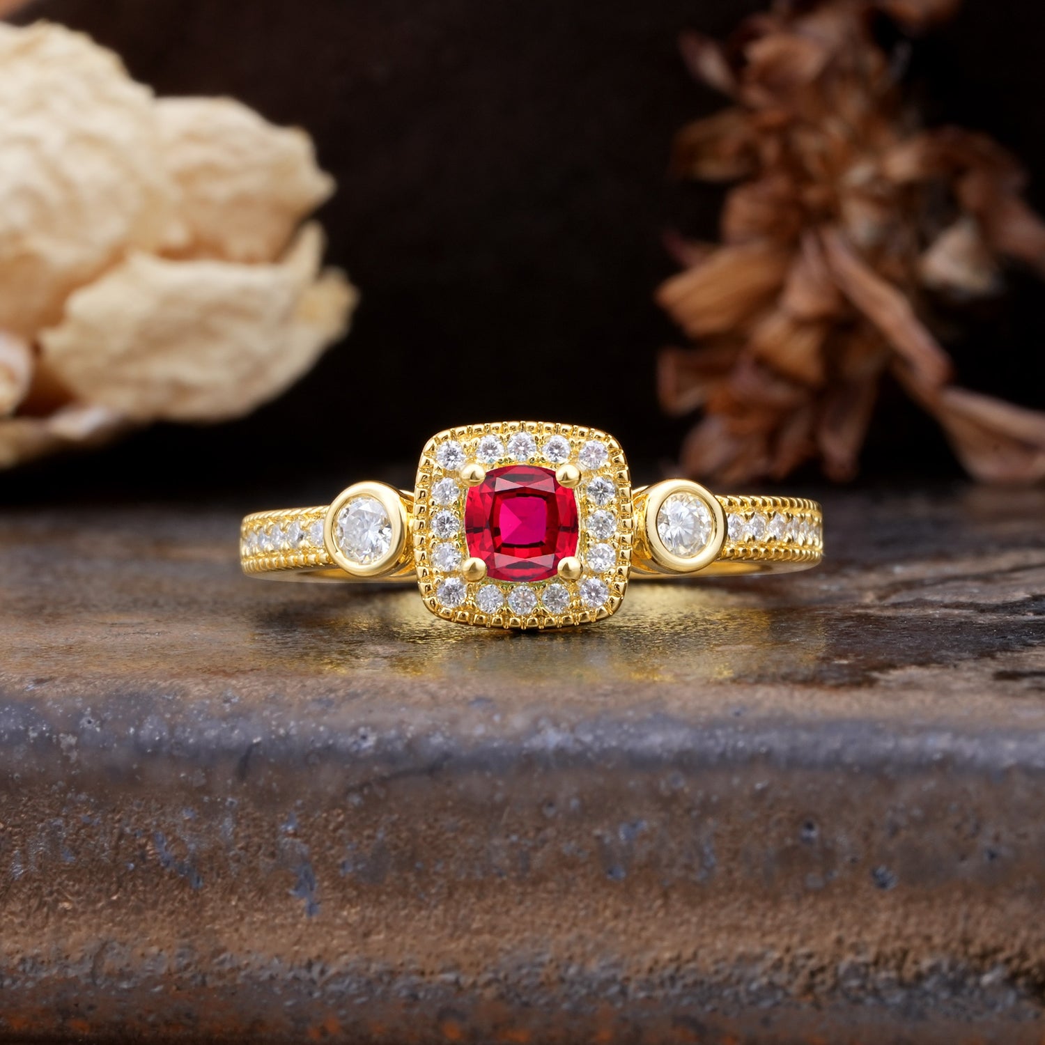 Classic Luxury Retro 4-Prong Princess Cut Ruby Three Stones Wedding Ring - Additional view