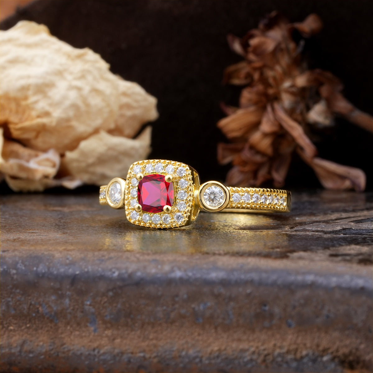 Classic Luxury Retro 4-Prong Princess Cut Ruby Three Stones Wedding Ring - Additional view