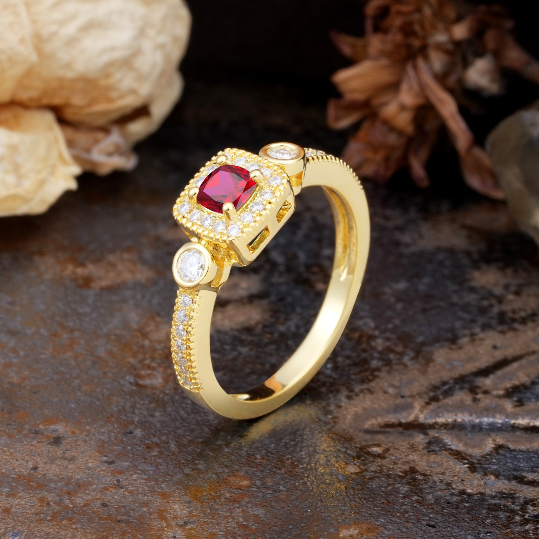 Classic Luxury Retro 4-Prong Princess Cut Ruby Three Stones Wedding Ring - Additional view