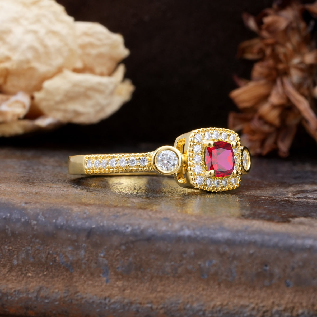 Classic Luxury Retro 4-Prong Princess Cut Ruby Three Stones Wedding Ring - Additional view