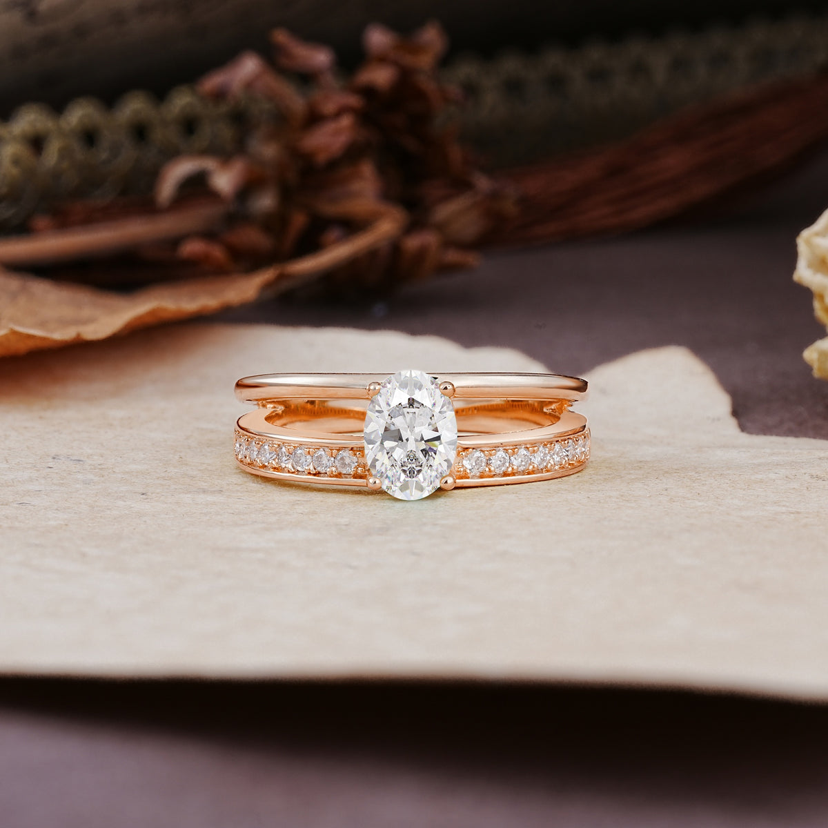 Luxurious Double-Row Pavé, 4-Prong, Oval Cut Moissanite Engagement Ring - Additional view