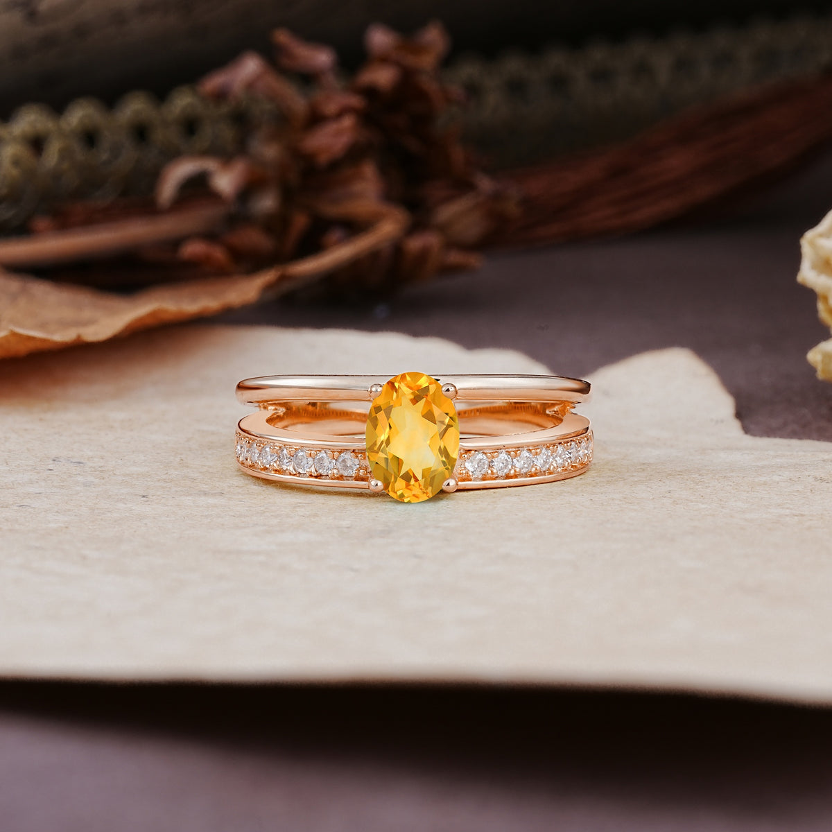 Luxurious Double-Row Pavé, 4-Prong, Oval Cut Citrine Engagement Ring - Additional view