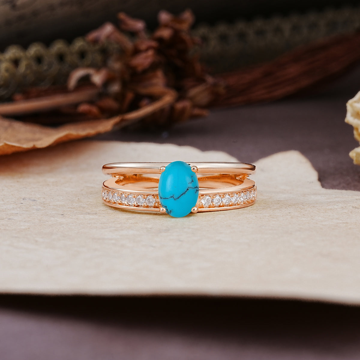 Luxurious Double-Row Pavé, 4-Prong, Oval Cut Turquoise Engagement Ring - Additional view