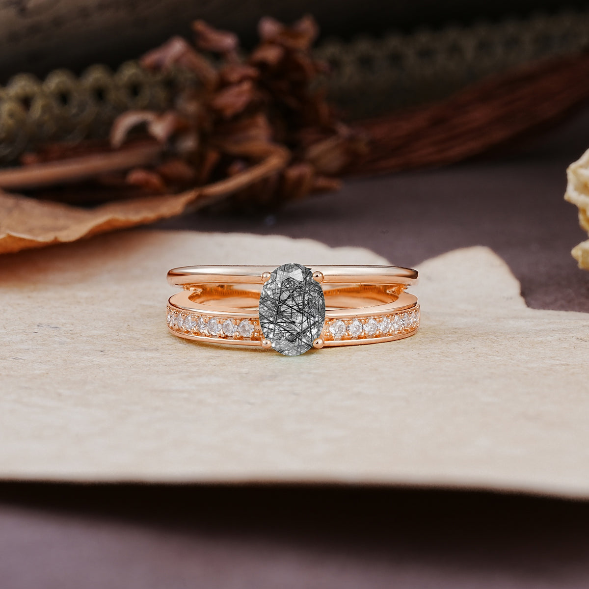 Luxurious Double-Row Pavé, 4-Prong, Oval Cut Black Rutilated Quartz Engagement Ring - Additional view