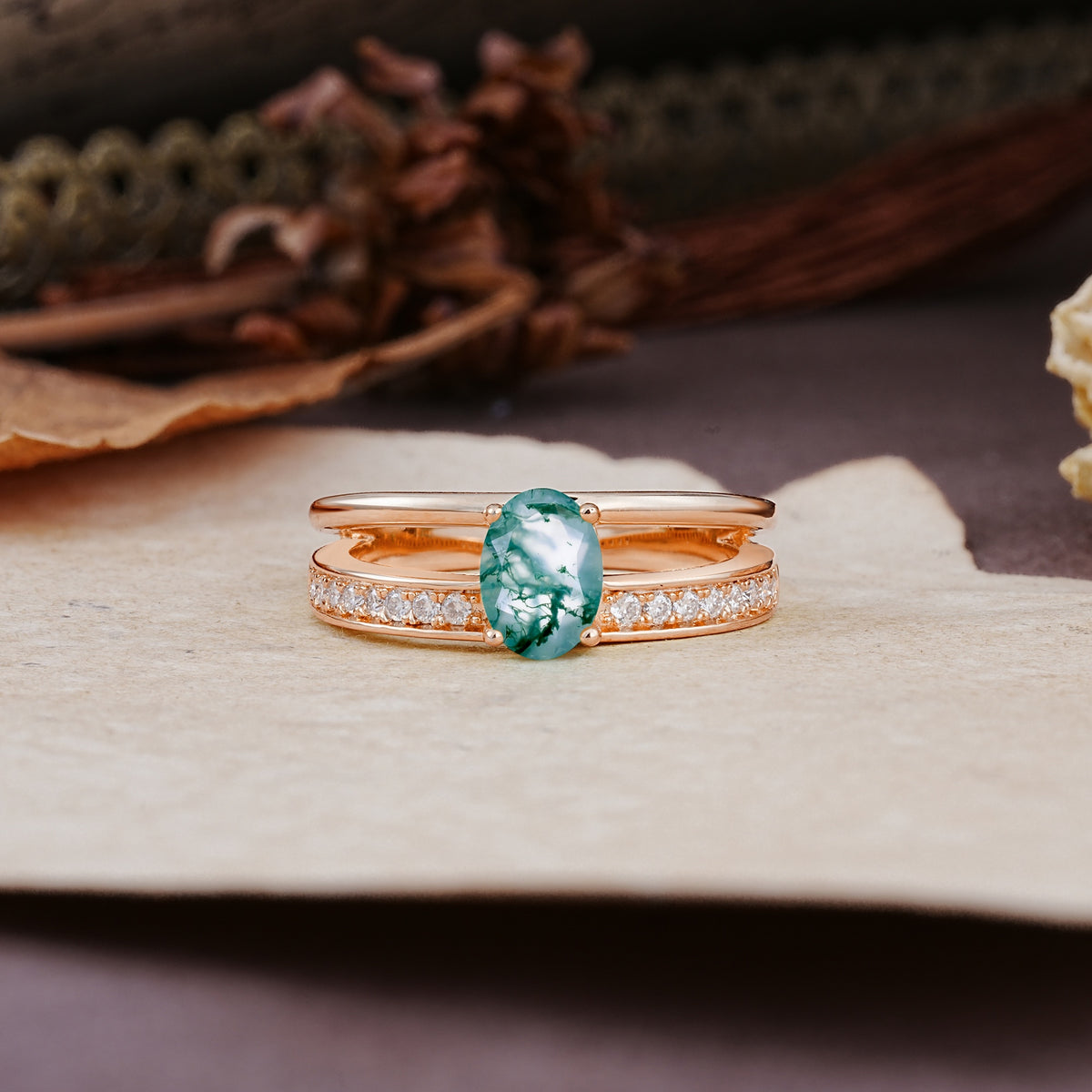 Luxurious Double-Row Pavé, 4-Prong, Oval Cut Moss Agate Engagement Ring - Additional view