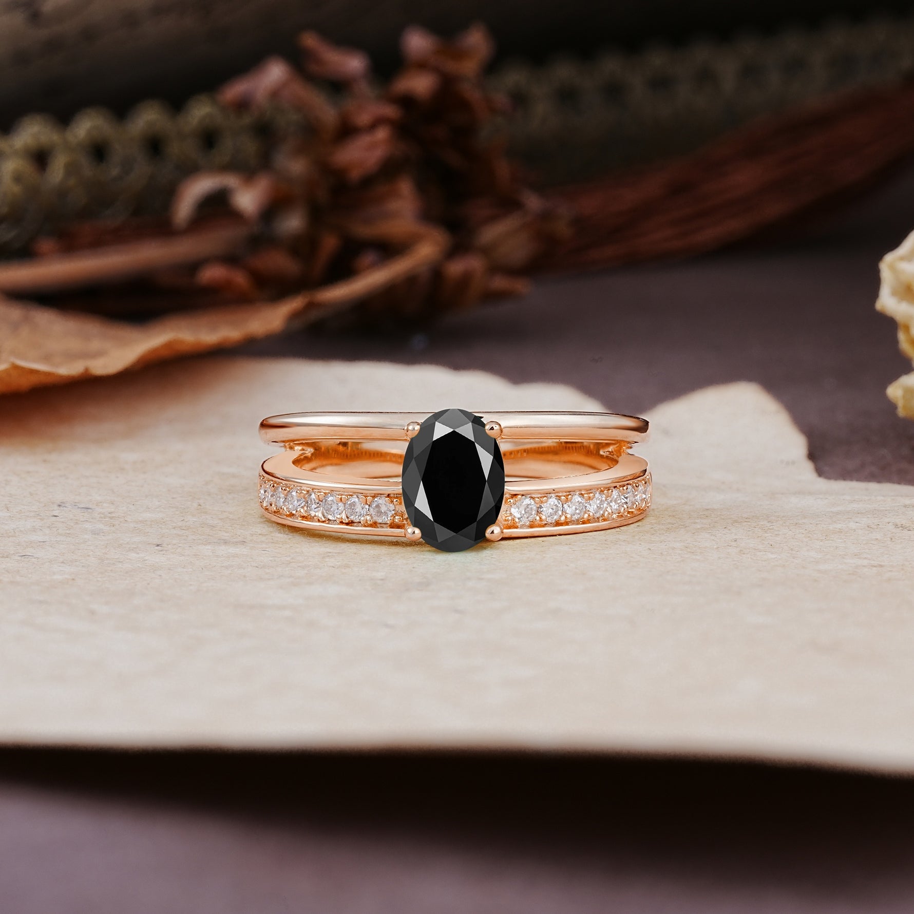 Luxurious Double-Row Pavé, 4-Prong, Oval Cut Black Onyx Engagement Ring - Additional view