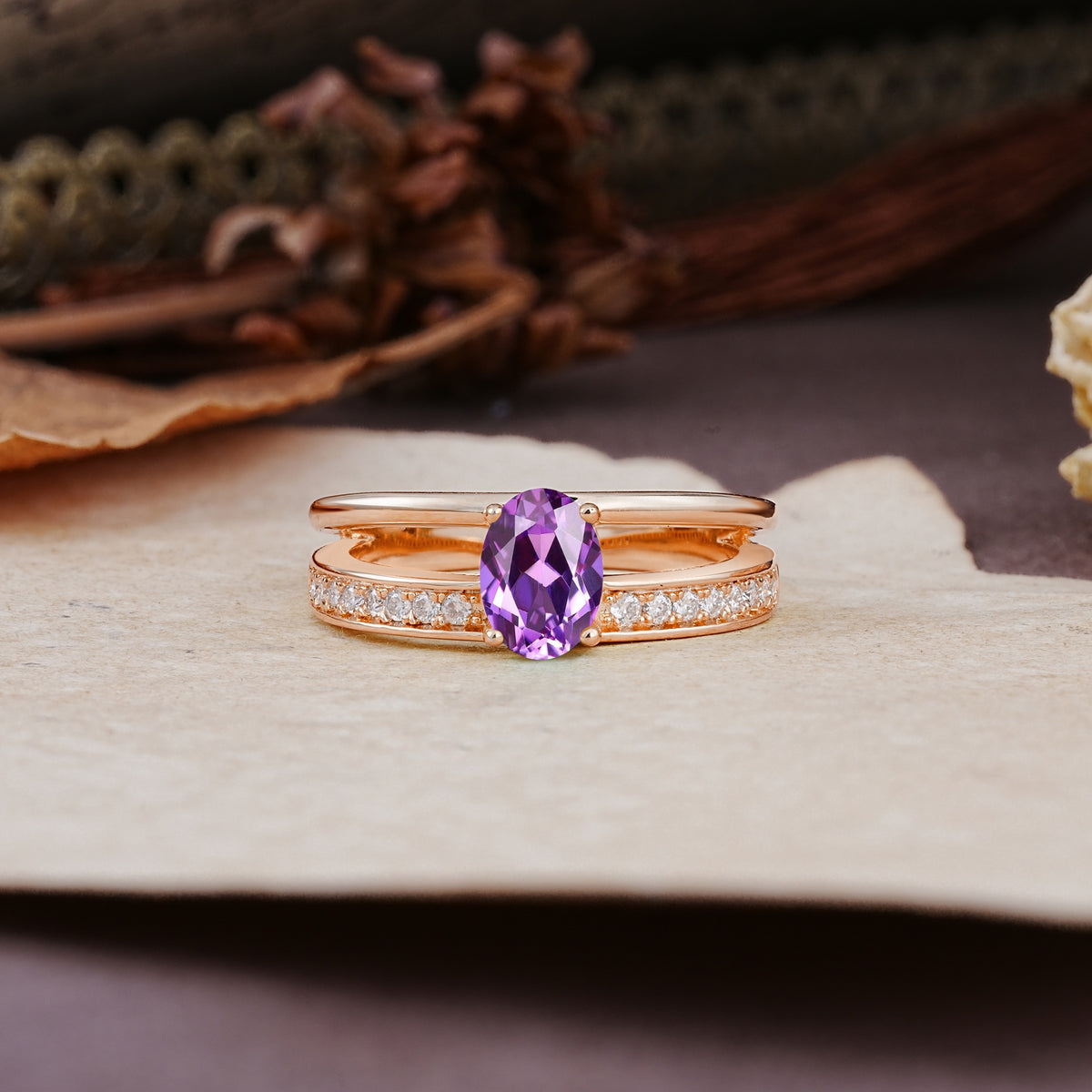 Luxurious Double-Row Pavé, 4-Prong, Oval Cut Amethyst Engagement Ring - Additional view
