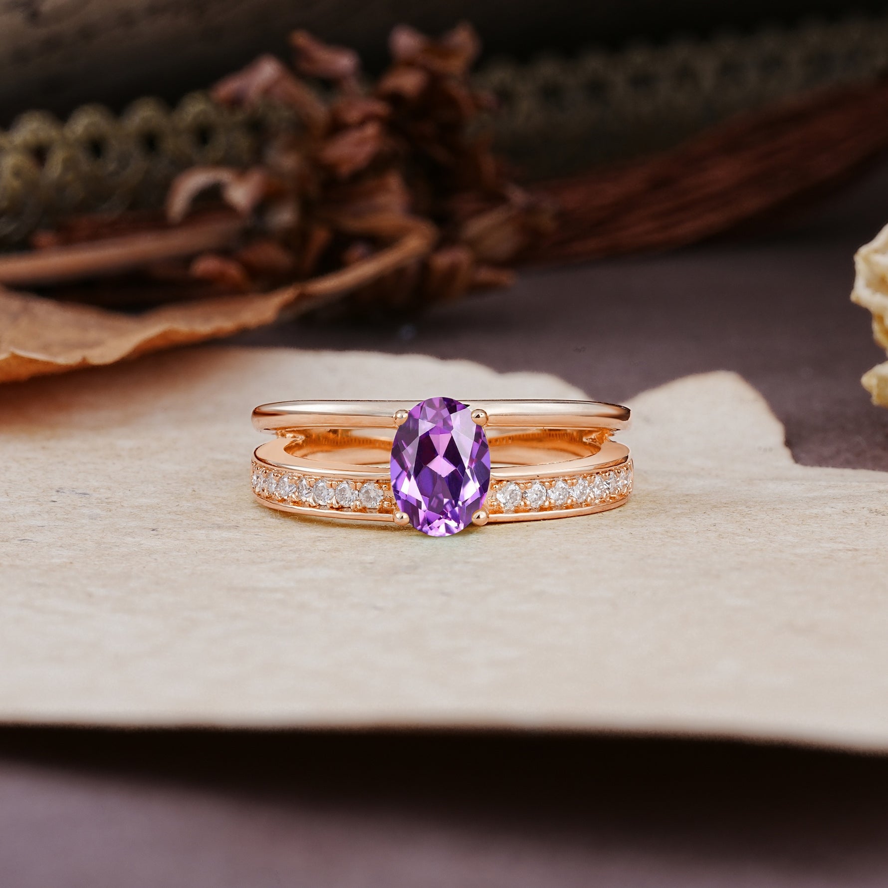 Luxurious Double-Row Pavé, 4-Prong, Oval Cut Amethyst Engagement Ring - Additional view