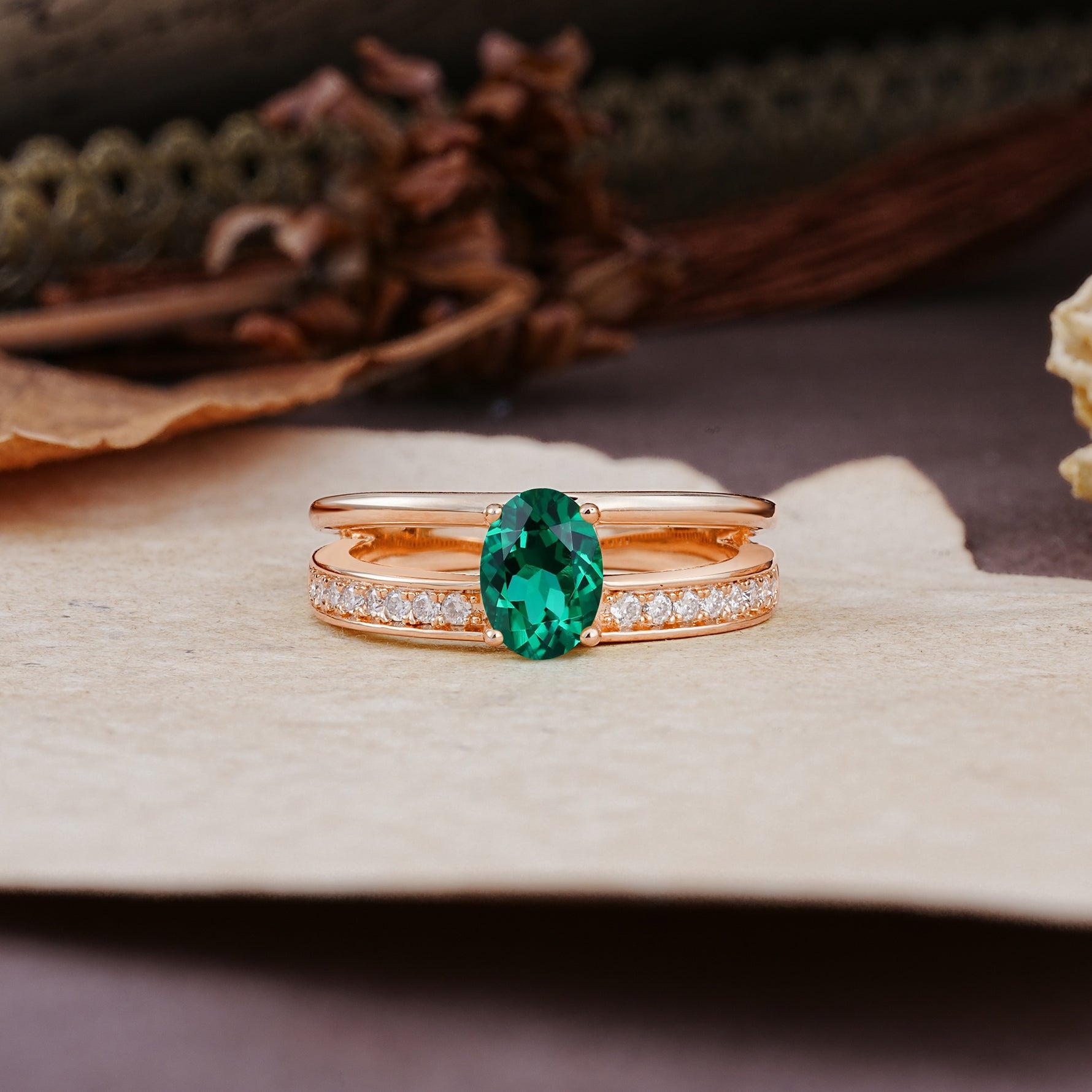 Luxurious Double-Row Pavé, 4-Prong, Oval Cut Emerald Engagement Ring - Additional view