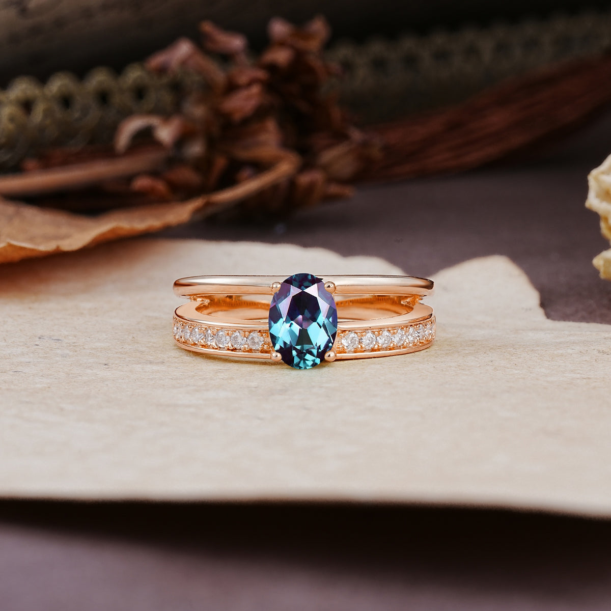 Luxurious Double-Row Pavé, 4-Prong, Oval Cut Alexandrite Engagement Ring - Additional view