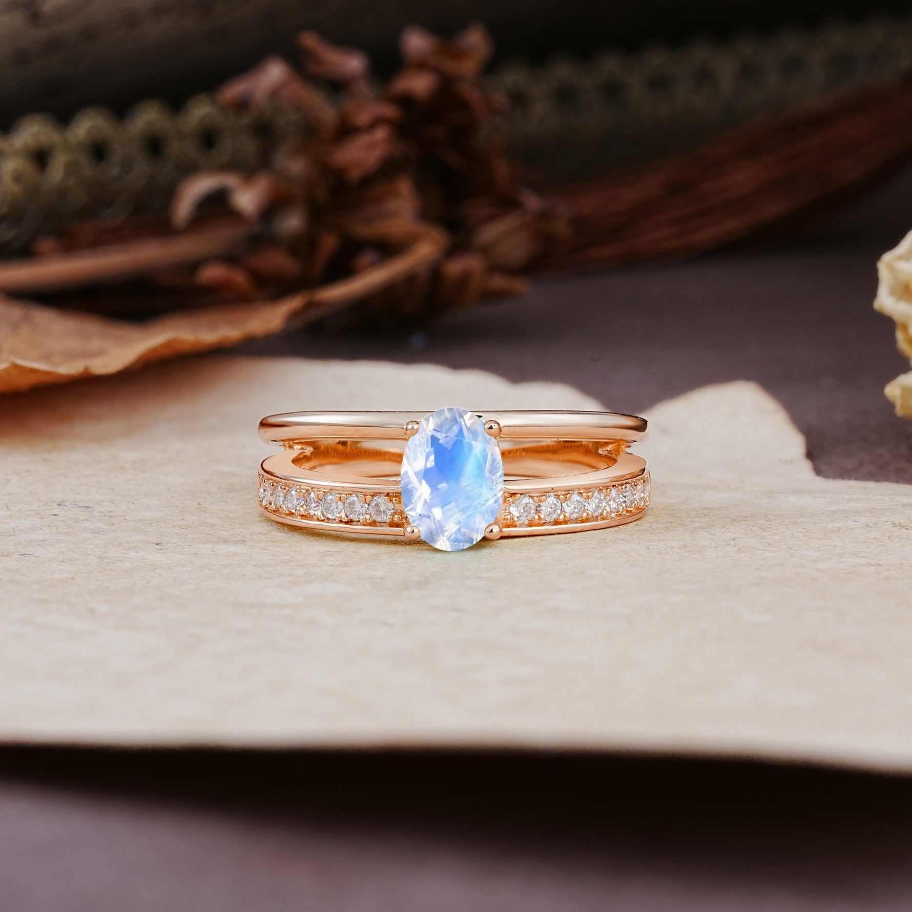 Luxurious Double-Row Pavé, 4-Prong, Oval Cut Moonstone Engagement Ring - Additional view