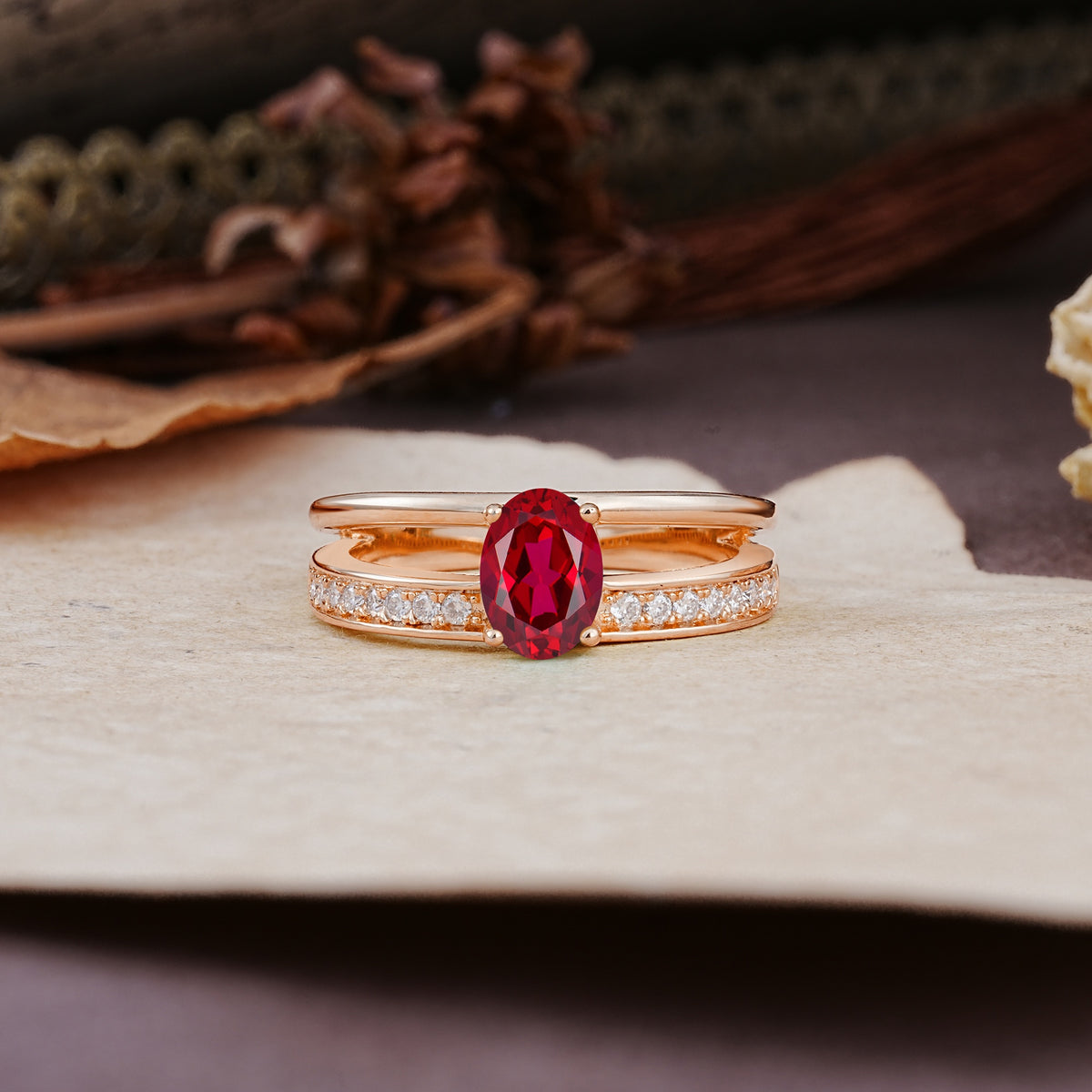 Luxurious Double-Row Pavé, 4-Prong, Oval Cut Ruby Engagement Ring - Additional view