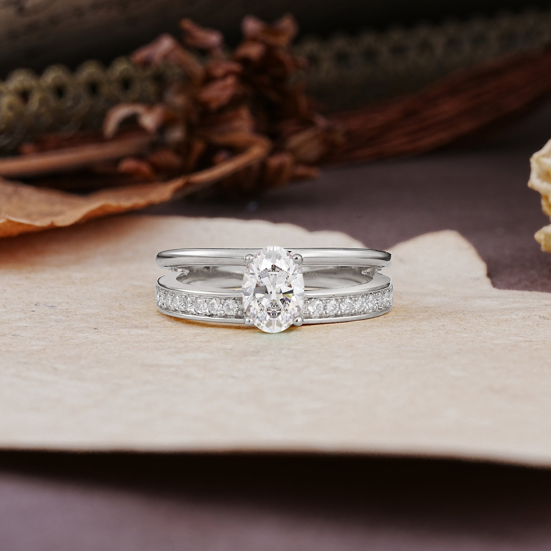 Luxurious Double-Row Pavé, 4-Prong, Oval Cut Moissanite Engagement Ring - Additional view