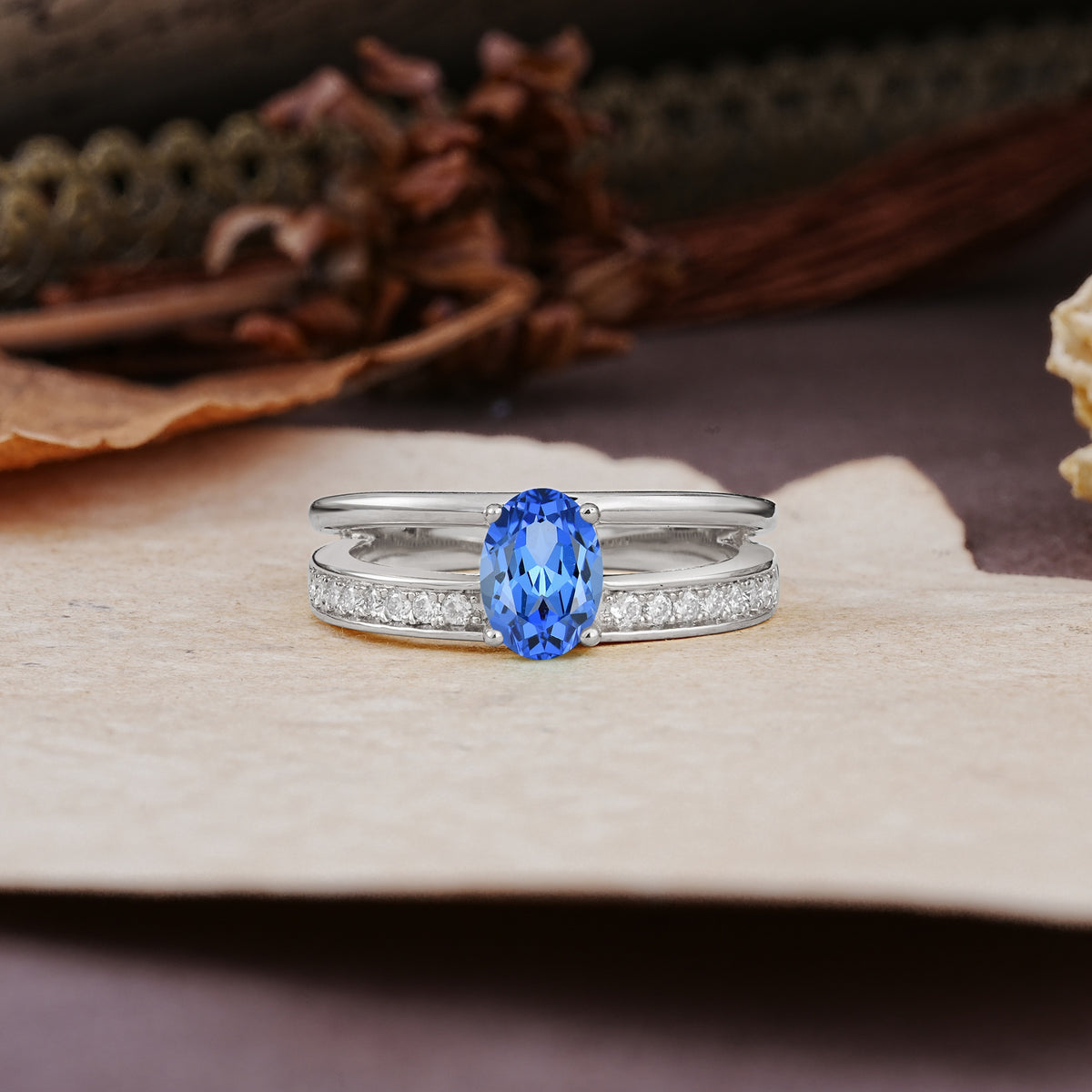 Luxurious Double-Row Pavé, 4-Prong, Oval Cut Sapphire Engagement Ring - Additional view