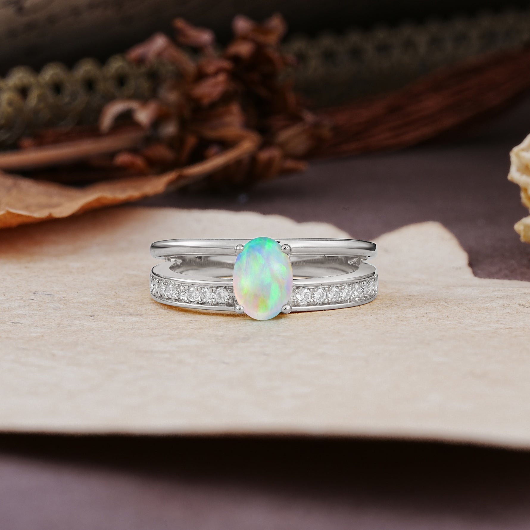 Luxurious Double-Row Pavé, 4-Prong, Oval Cut Fire Opal Engagement Ring - Additional view