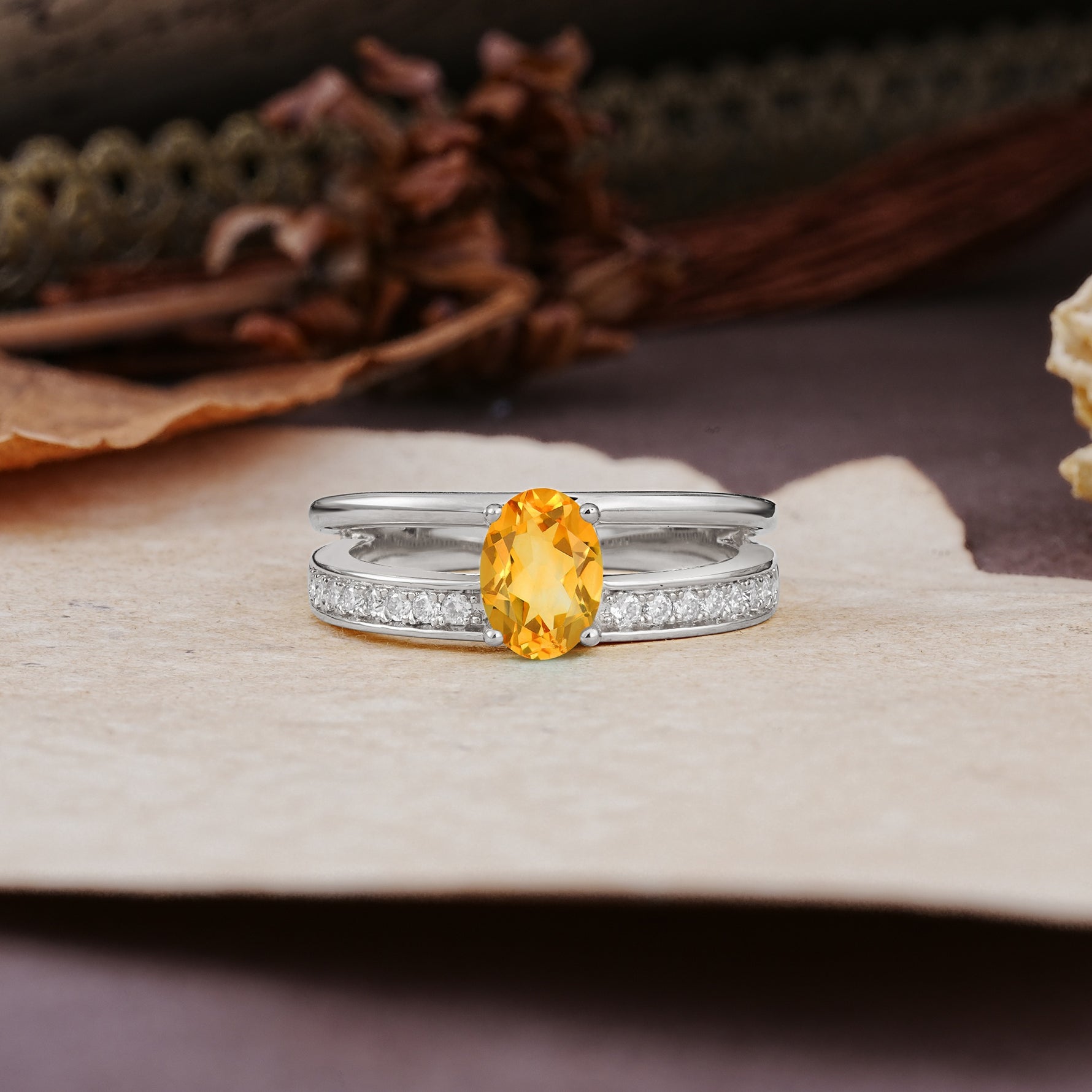 Luxurious Double-Row Pavé, 4-Prong, Oval Cut Citrine Engagement Ring - Additional view