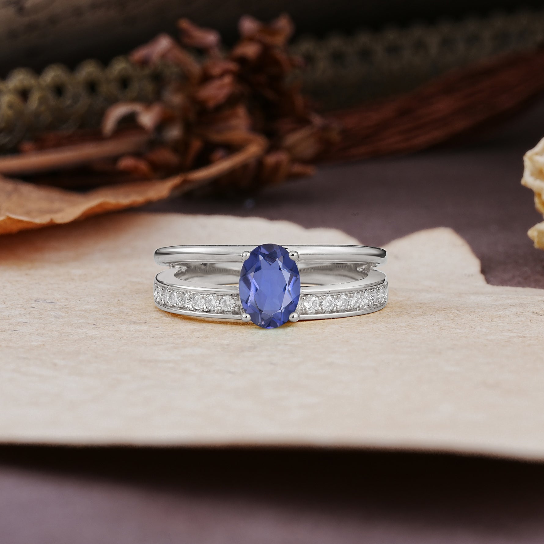Luxurious Double-Row Pavé, 4-Prong, Oval Cut Tanzanite Engagement Ring - Additional view