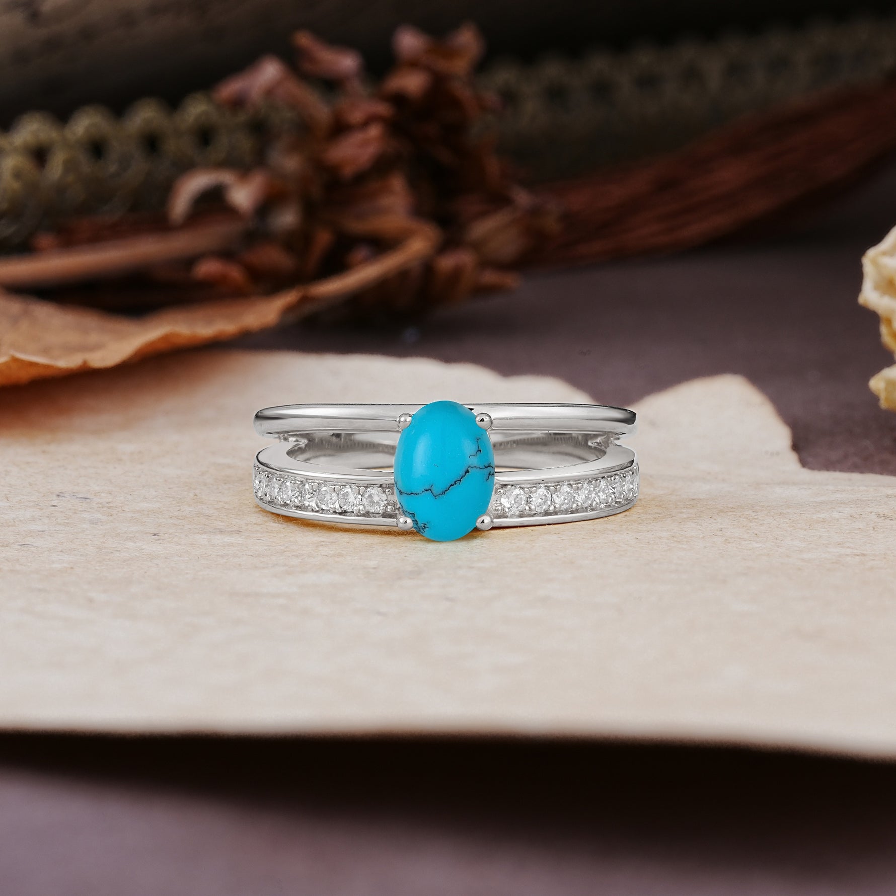 Luxurious Double-Row Pavé, 4-Prong, Oval Cut Turquoise Engagement Ring - Additional view