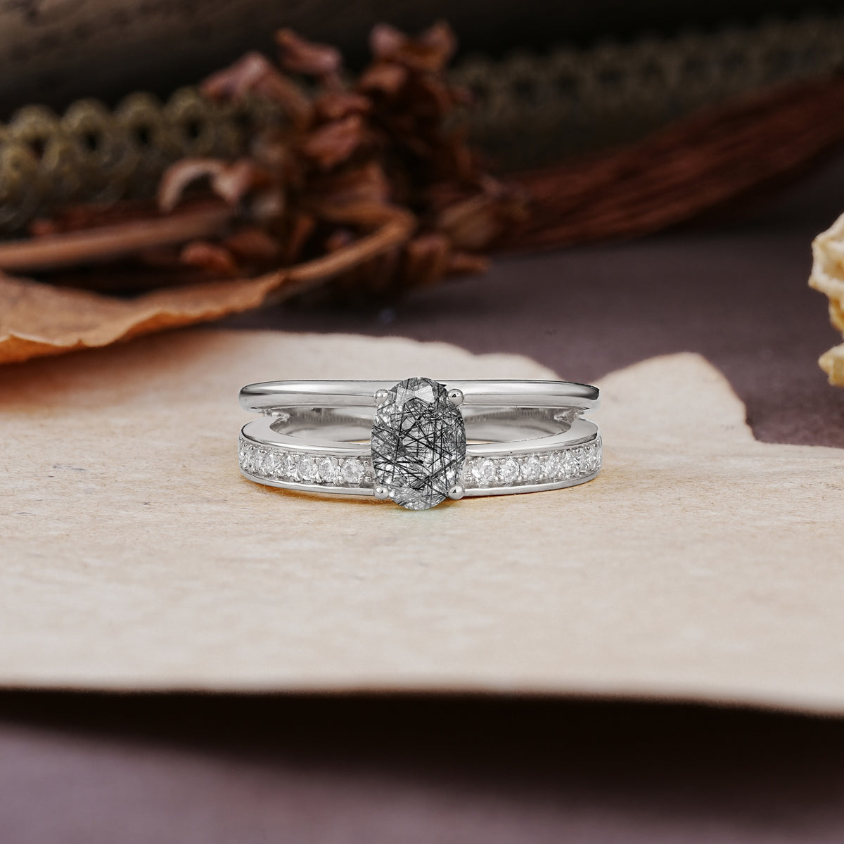 Luxurious Double-Row Pavé, 4-Prong, Oval Cut Black Rutilated Quartz Engagement Ring - Additional view